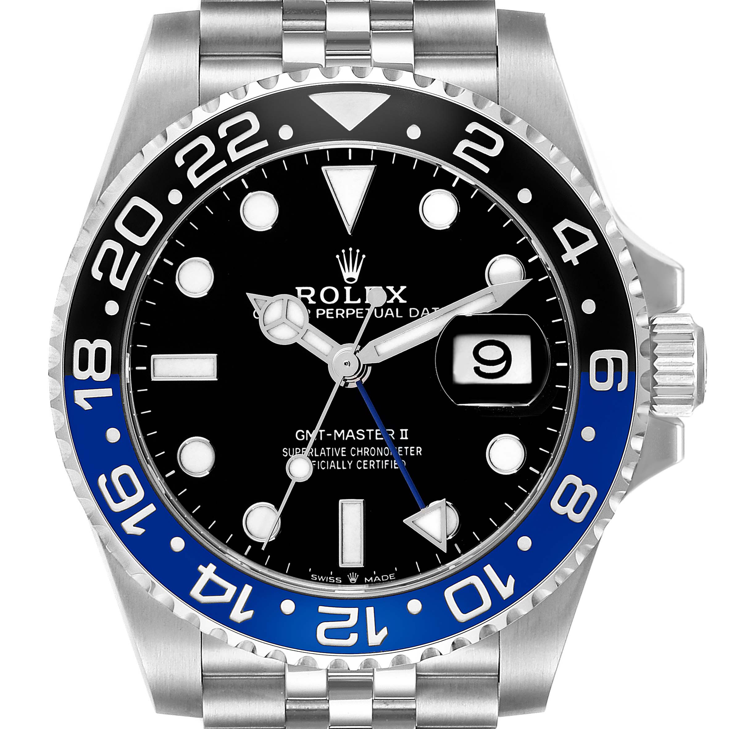 The image shows a frontal view of the Rolex GMT-Master 126710BLNR Men
s Stainless Steel Black Dial 126710BLNR Men
s Stainless Steel Black Dial II watch, highlighting the face, bezel, and part of the bracelet.