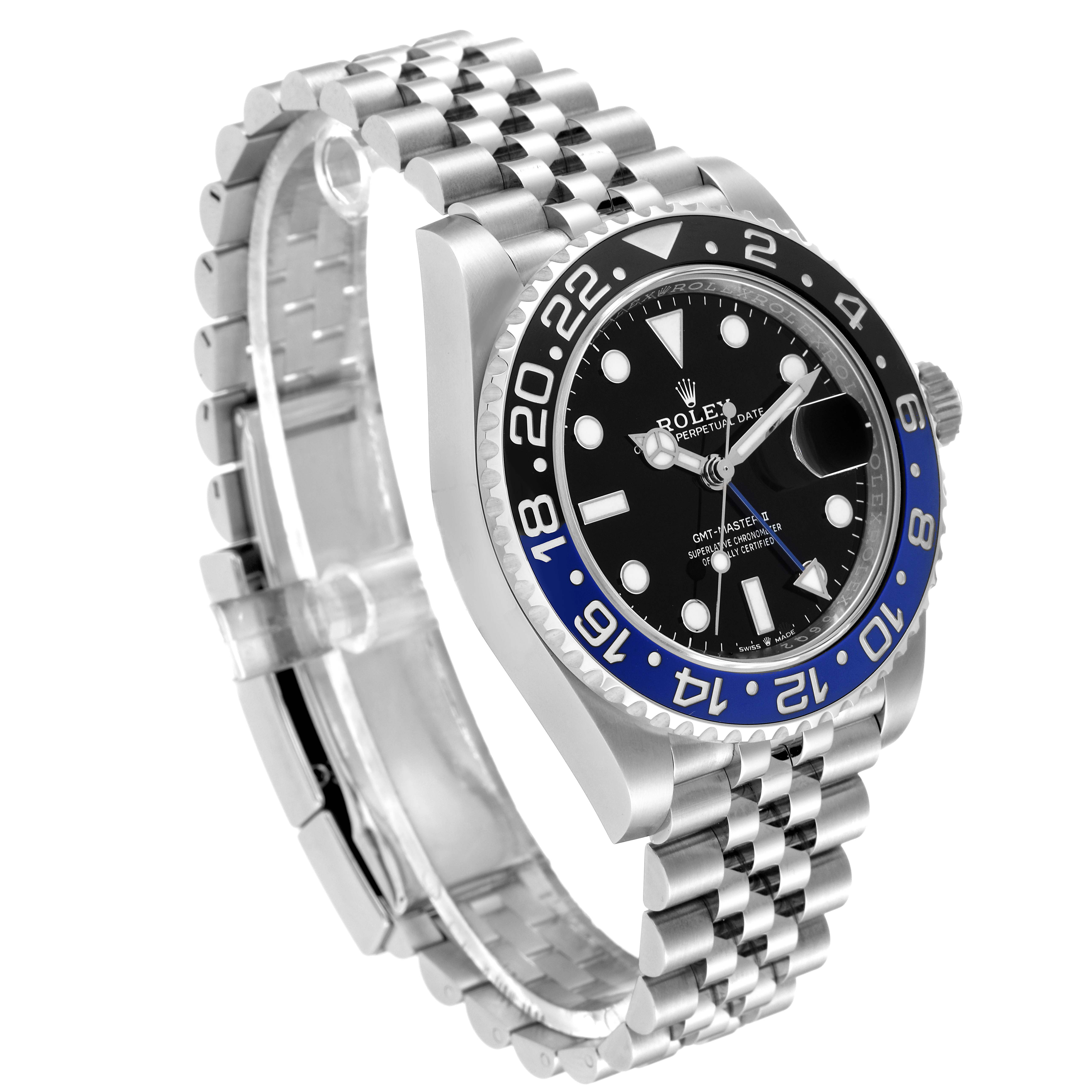 The image shows a Rolex GMT-Master 126710BLNR Men
s Stainless Steel Black Dial 126710BLNR Men
s Stainless Steel Black Dial watch at a three-quarter angle, highlighting the bezel, dial, and jubilee bracelet.