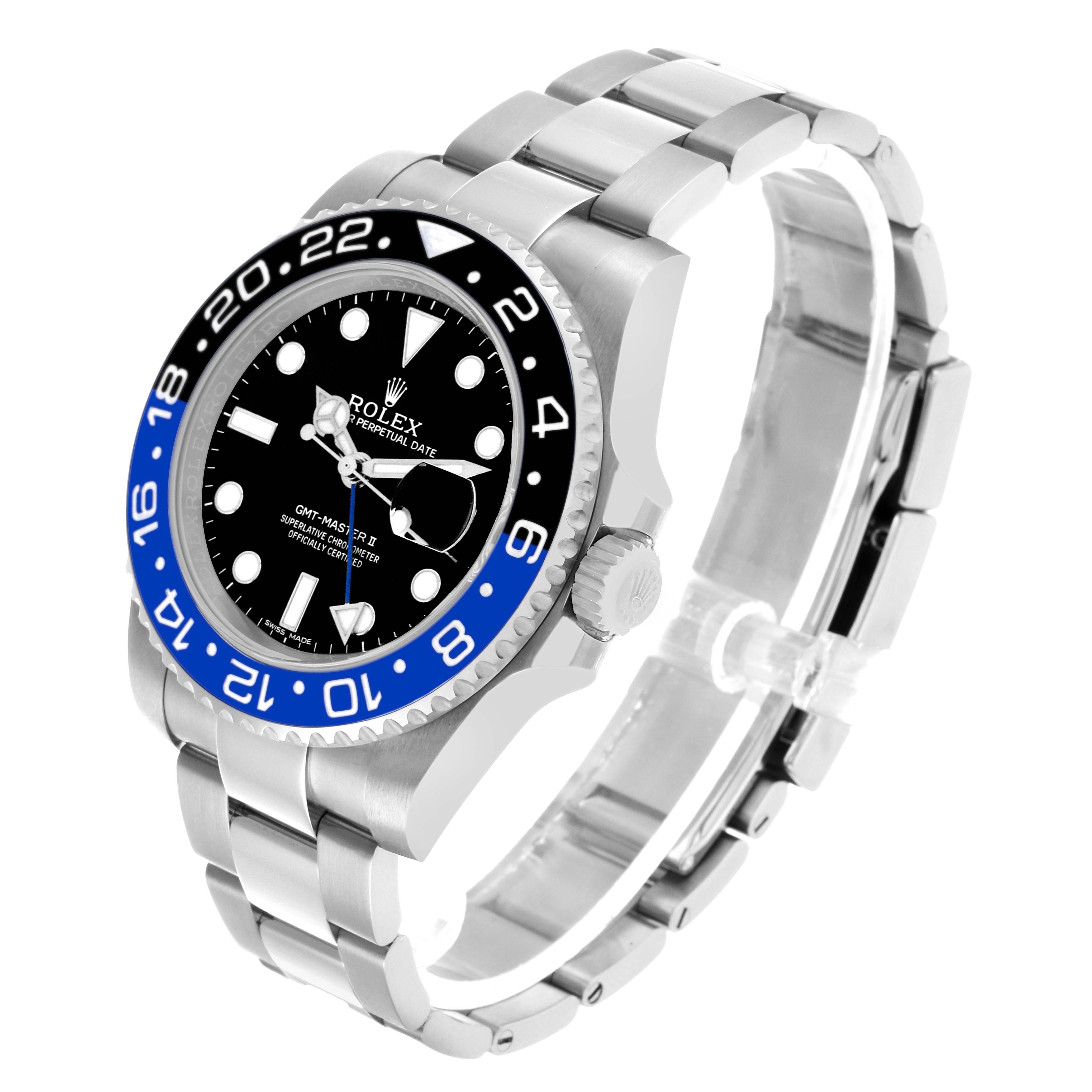 The Rolex GMT-Master 126710BLNR Men's Stainless Steel Black Dial watch is shown at a three-quarter angle, highlighting the bezel, dial, and bracelet.