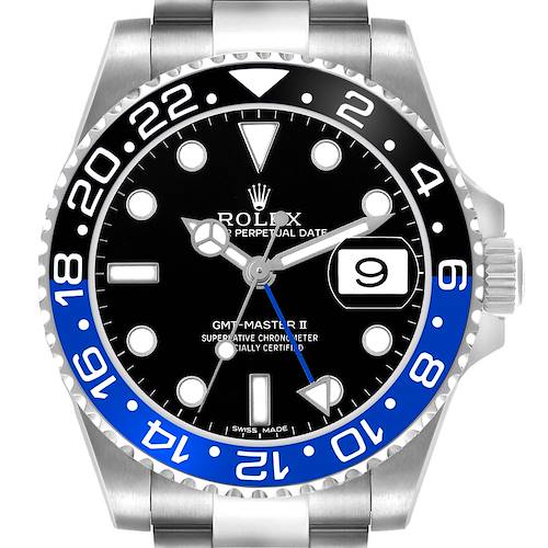 The Rolex GMT-Master 126710BLNR Men's Stainless Steel Black Dial model is shown from the front, highlighting the dial, bezel, crown, and date window.