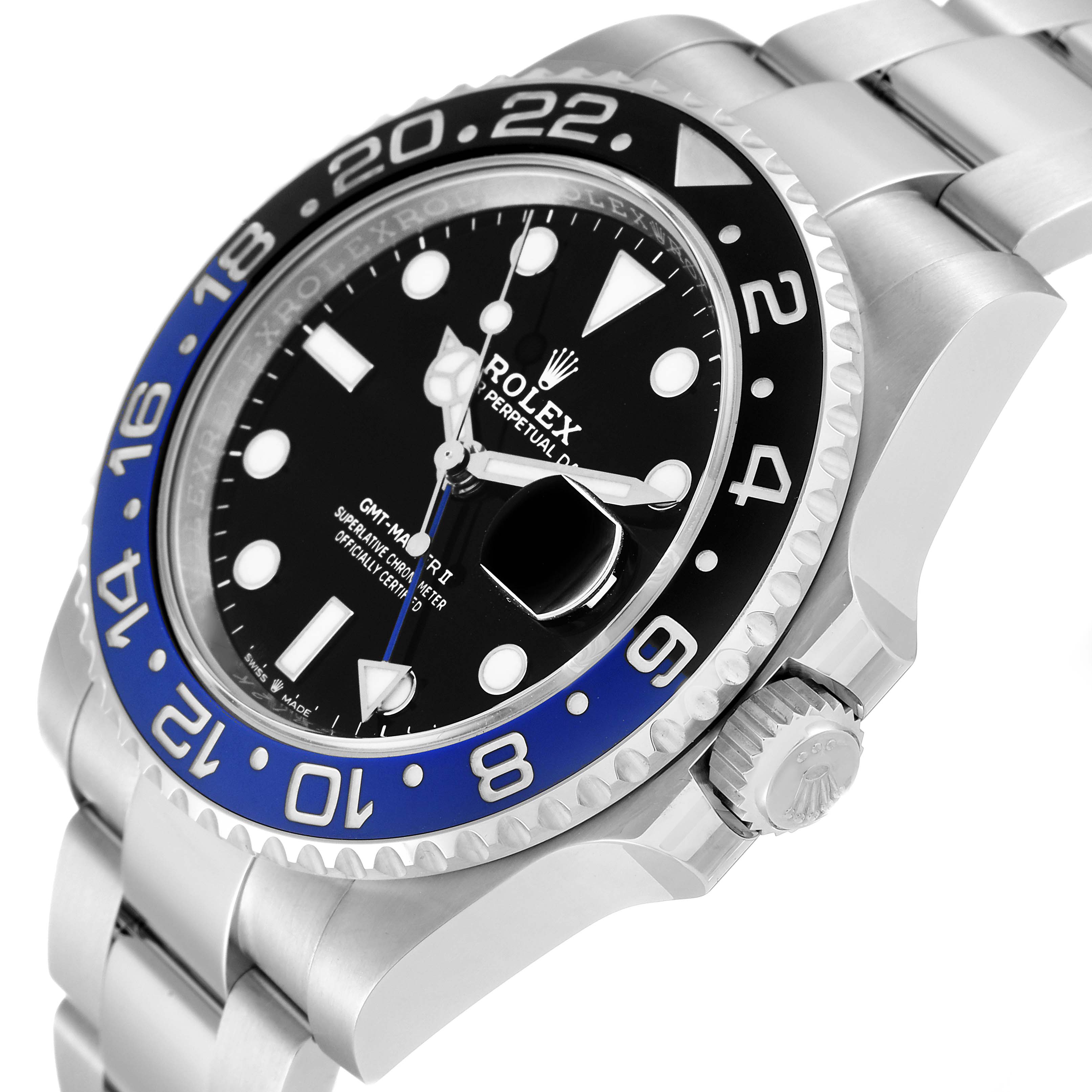 The image shows a Rolex GMT-Master 126710 Men's Stainless Steel Black Dial 126710 Men's Stainless Steel Black Dial watch from an angled view, highlighting the bezel, dial, case, and crown.