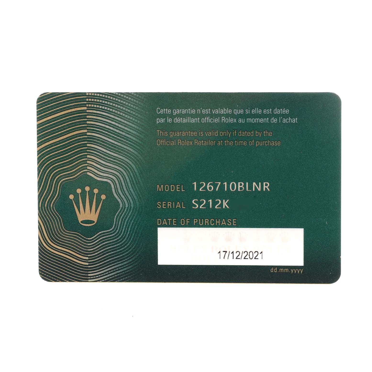 The image shows the warranty card for a Rolex GMT-Master 126710 Men's Stainless Steel Black Dial 126710 Men's Stainless Steel Black Dial model 126710BLNR.