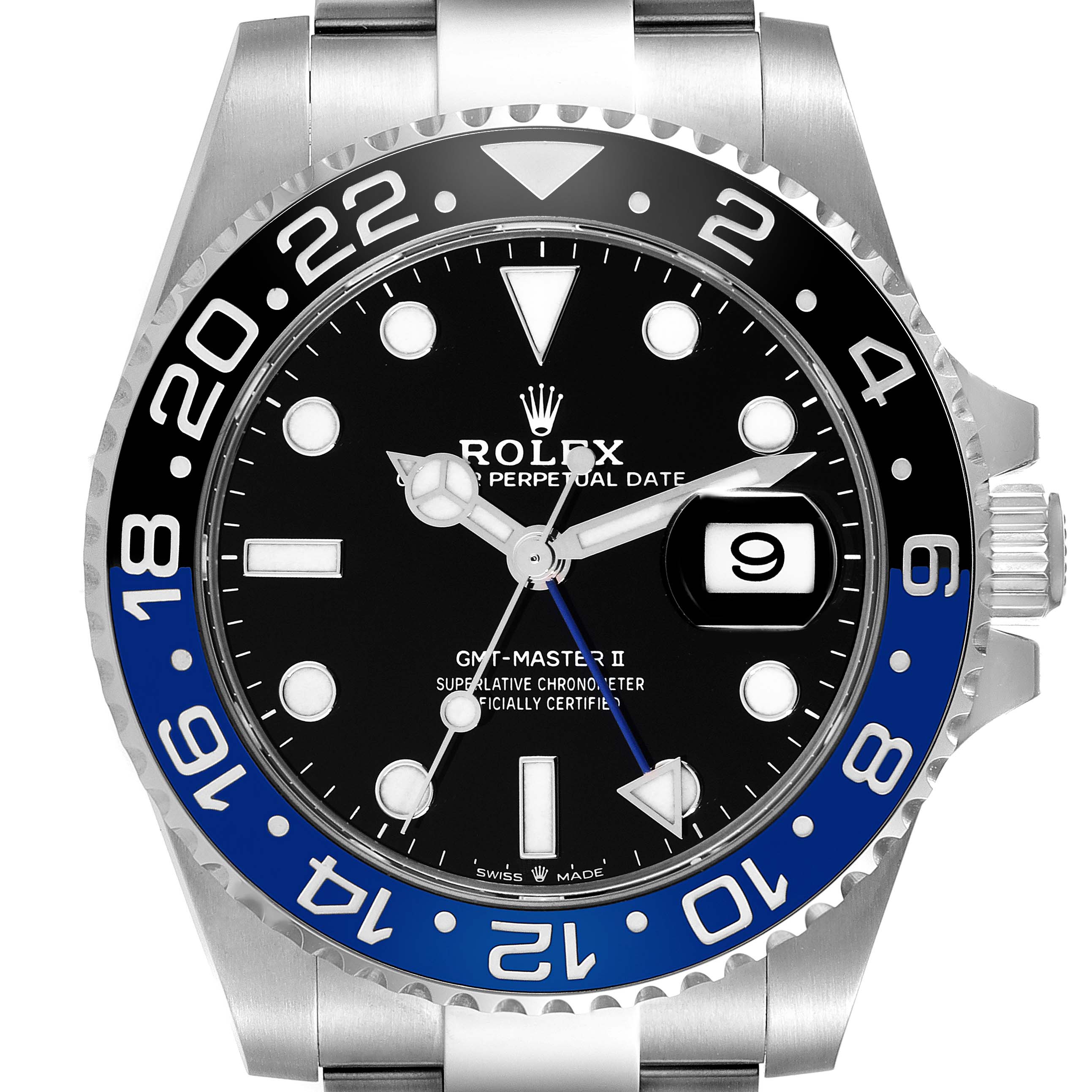 The image shows a front view of the Rolex GMT-Master 126710 Men's Stainless Steel Black Dial 126710 Men's Stainless Steel Black Dial II watch, highlighting its bezel, dial, and date window.