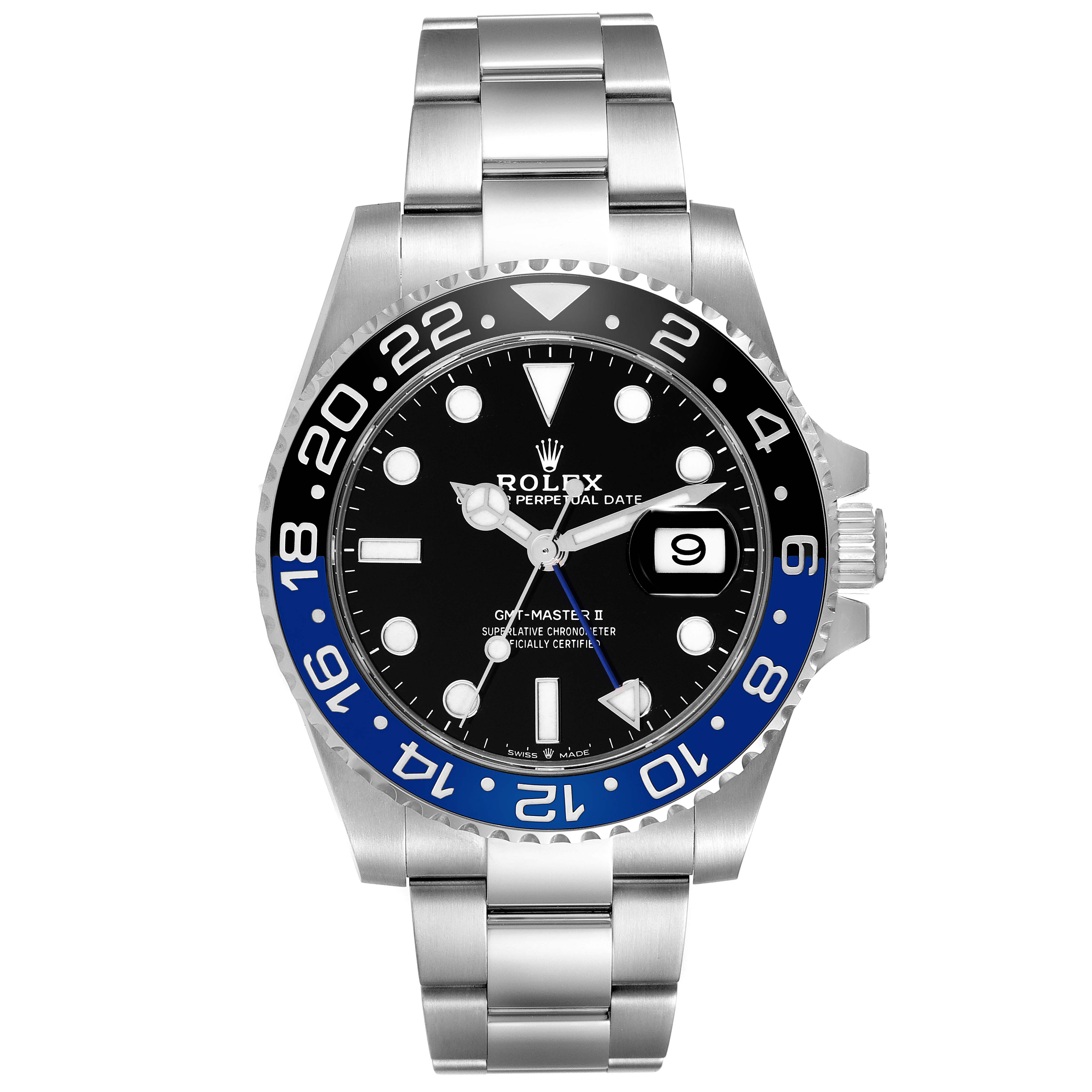This Rolex GMT-Master 126710 Men's Stainless Steel Black Dial 126710 Men's Stainless Steel Black Dial watch is shown from a front angle, displaying its face, bezel, and stainless steel bracelet.
