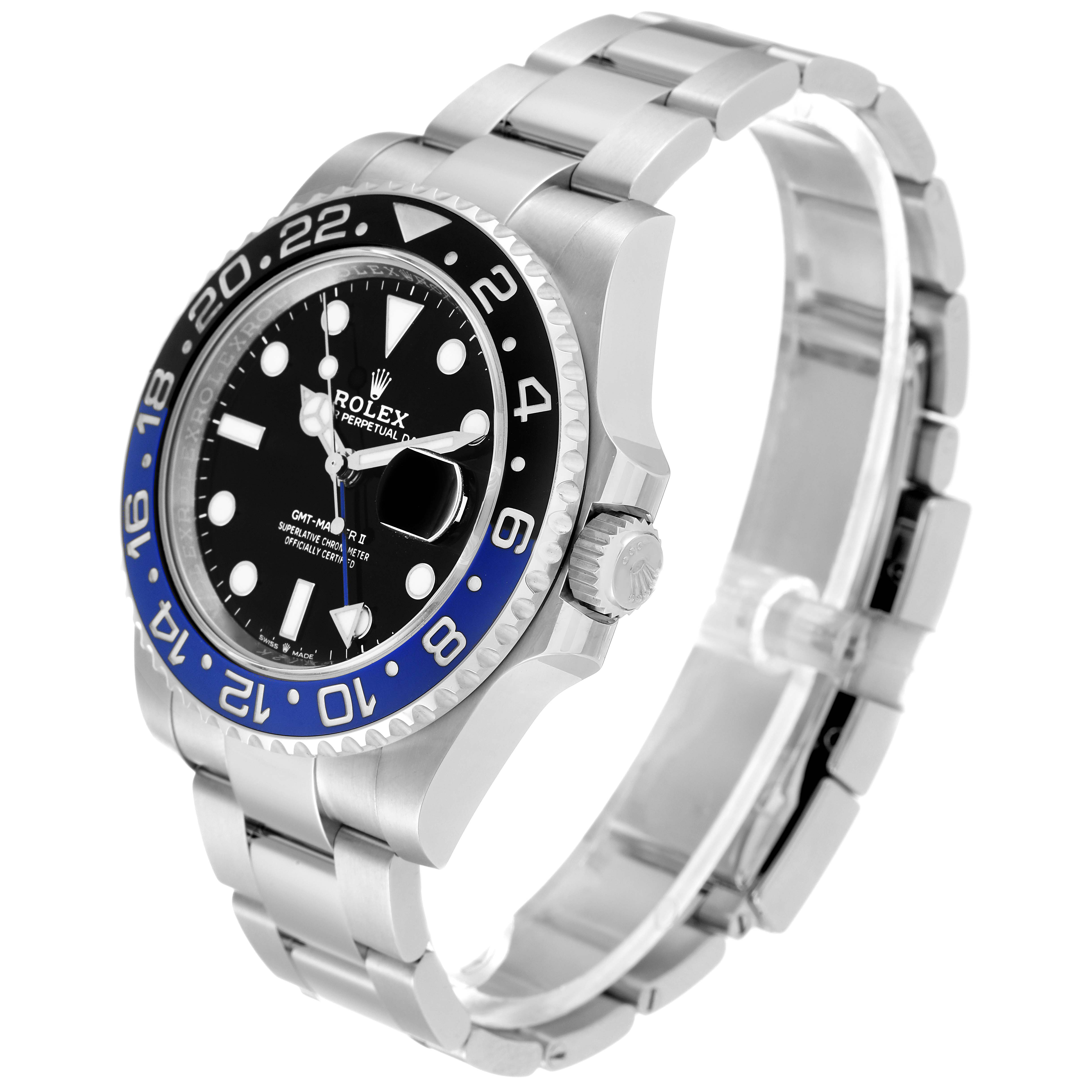The image shows a side angle of the Rolex GMT-Master 126710 Men's Stainless Steel Black Dial 126710 Men's Stainless Steel Black Dial watch, highlighting the bracelet, case, bezel, and crown.