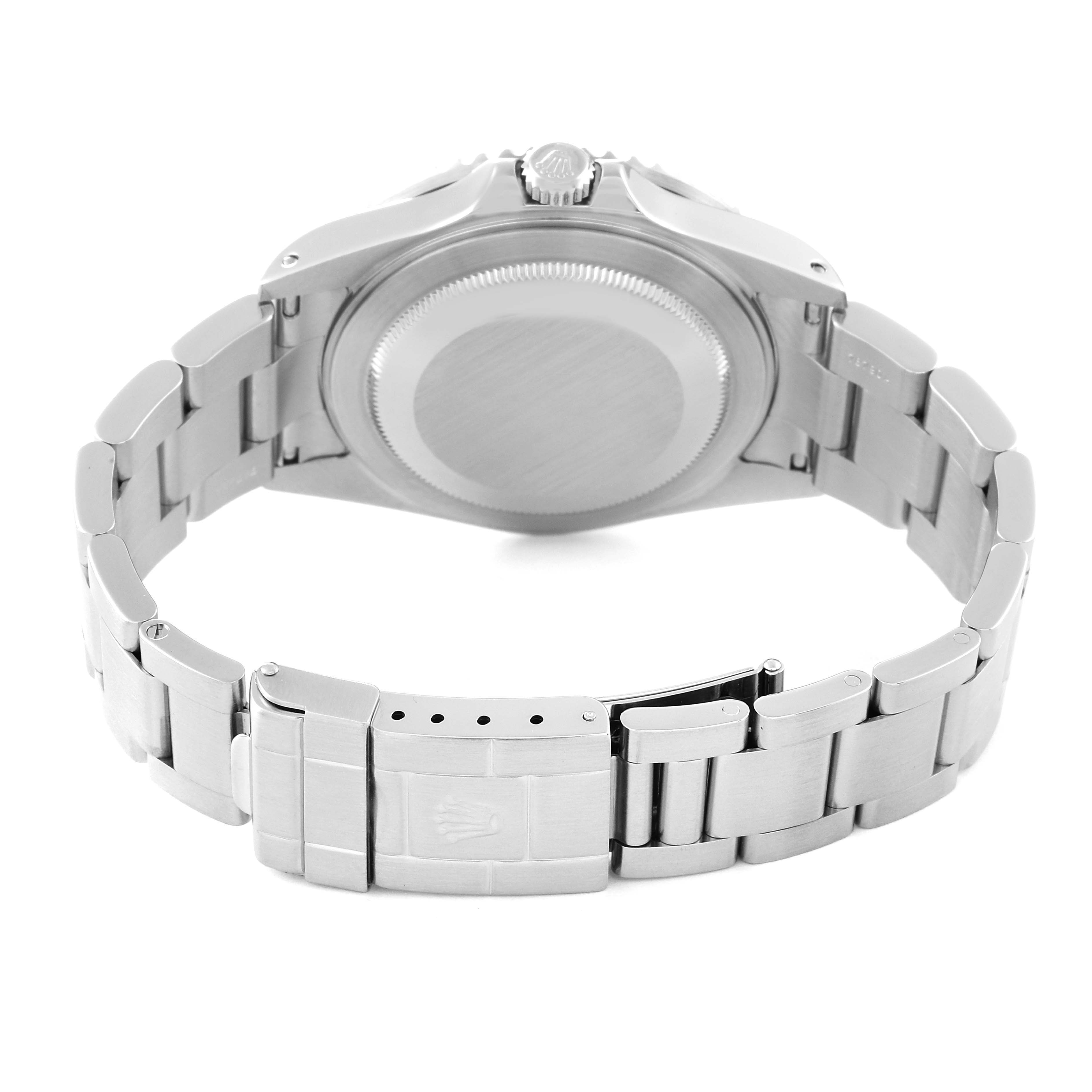 The image shows the back case and bracelet of the Rolex GMT-Master 16710 Men
s Stainless Steel Black Dial 16710 Men
s Stainless Steel Black Dial watch from a rear angle.