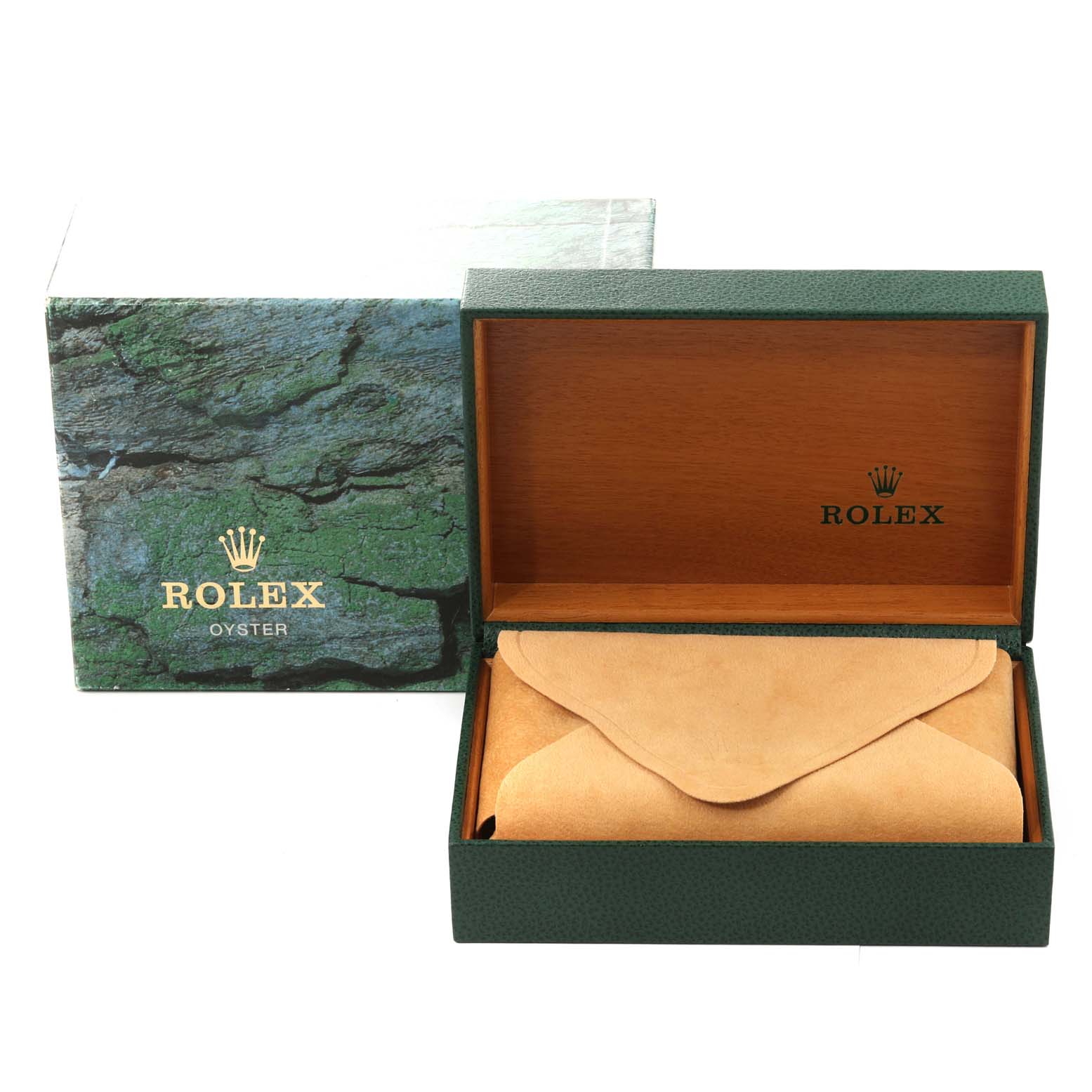 An open wooden interior Rolex box with a green outer box, showing the interior case for the Rolex GMT-Master 16710 Men
s Stainless Steel Black Dial 16710 Men
s Stainless Steel Black Dial model.