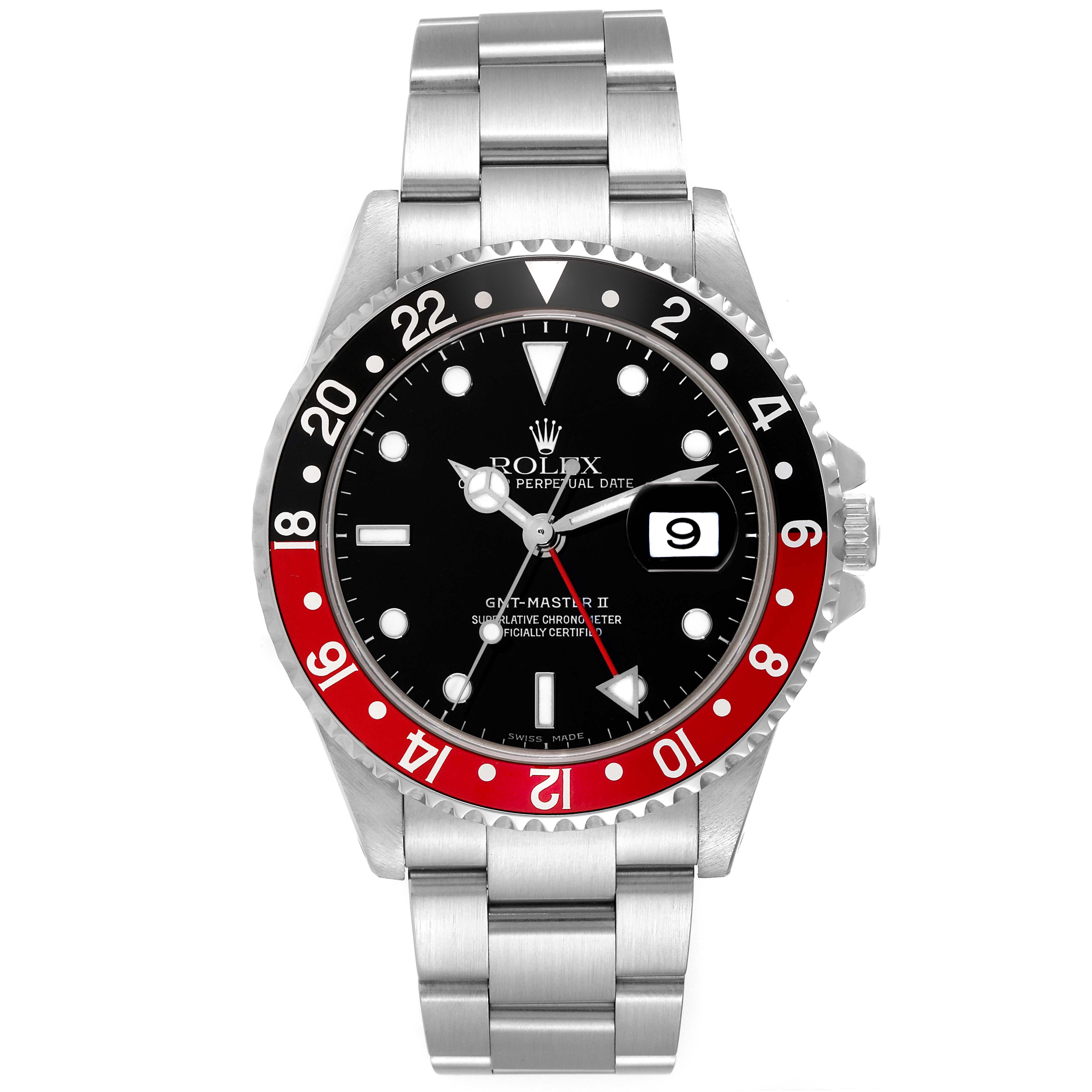 The image shows a front view of the Rolex GMT-Master 16710 Men
s Stainless Steel Black Dial 16710 Men
s Stainless Steel Black Dial II watch, displaying its dial, bezel, and bracelet.