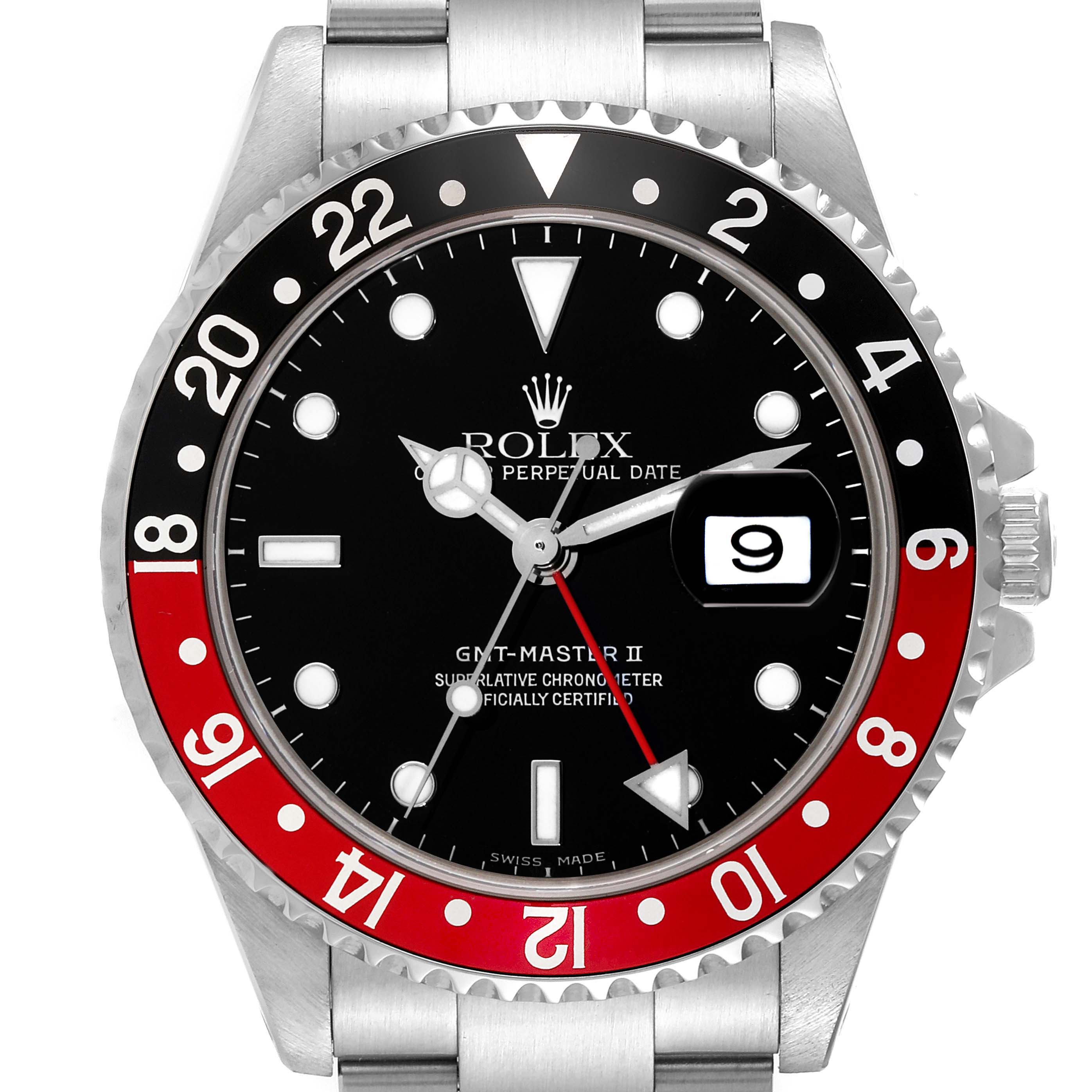 This image shows a frontal view of the Rolex GMT-Master 16710 Men
s Stainless Steel Black Dial 16710 Men
s Stainless Steel Black Dial II watch, highlighting the bezel, dial, hands, and date window.
