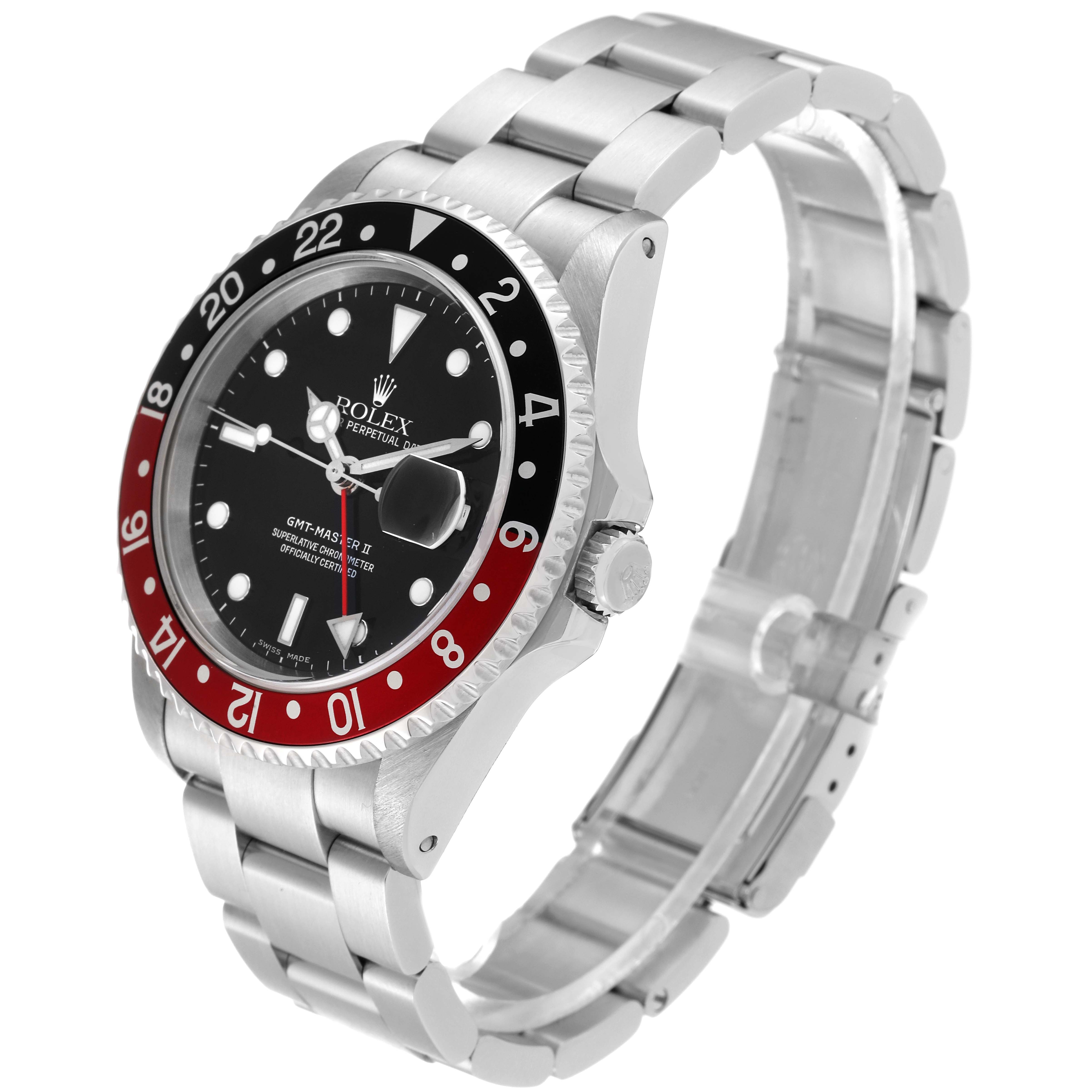 This image shows a side and front view of a Rolex GMT-Master 16710 Men
s Stainless Steel Black Dial 16710 Men
s Stainless Steel Black Dial watch, highlighting its face, bezel, crown, and bracelet.