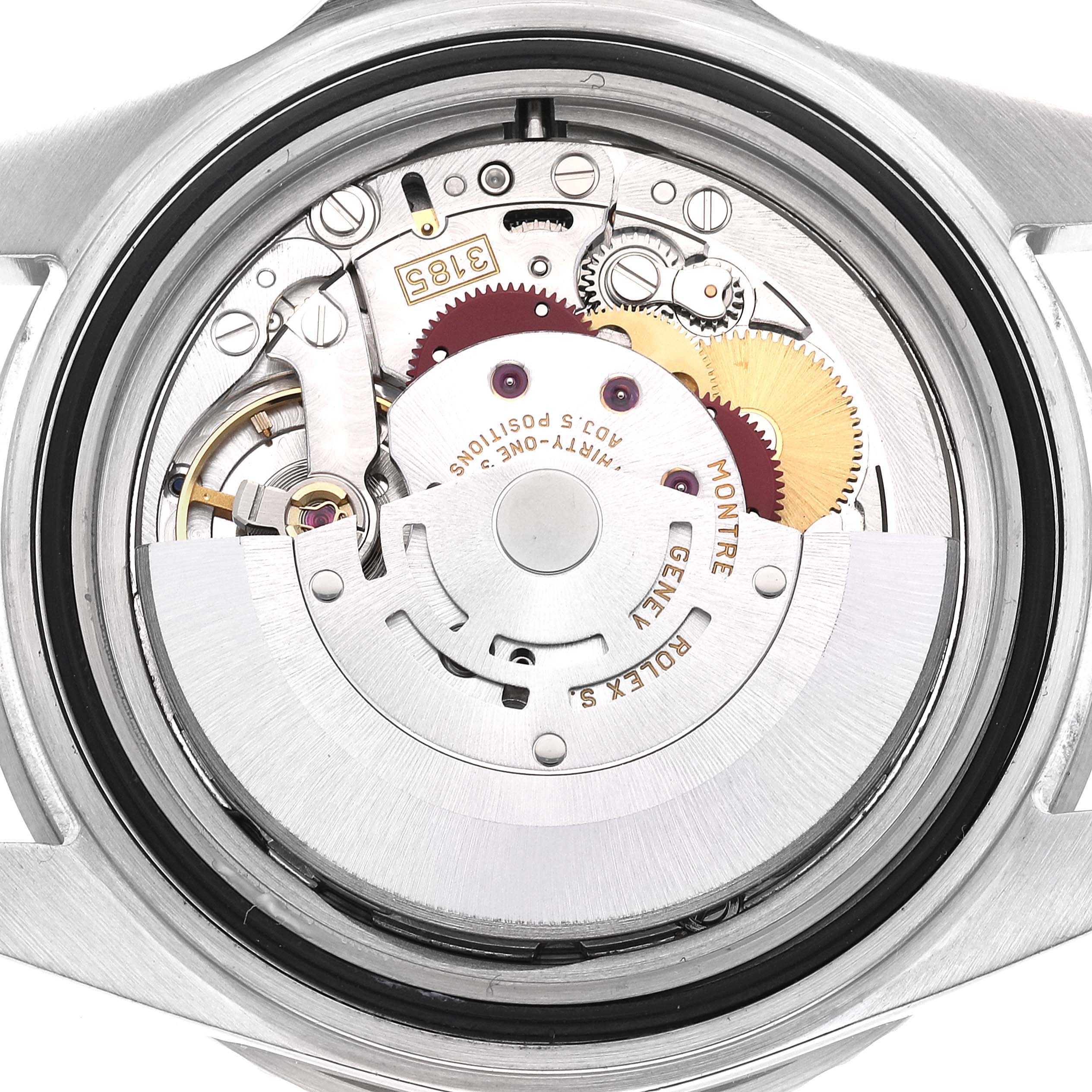 This image shows the movement mechanics of the Rolex GMT-Master 16710 Men
s Stainless Steel Black Dial 16710 Men
s Stainless Steel Black Dial watch from a rear, interior angle.