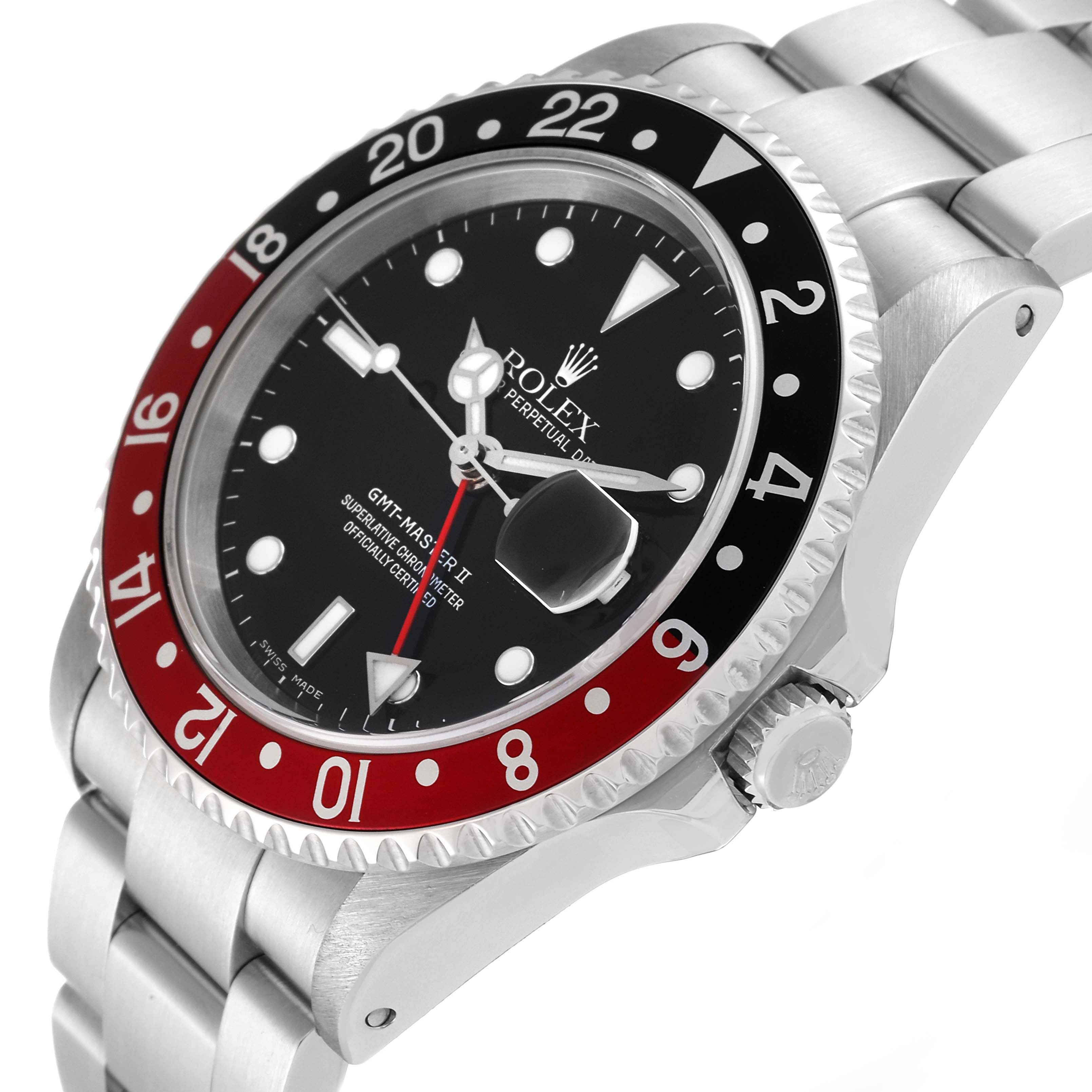 The image shows a side angle of the Rolex GMT-Master 16710 Men
s Stainless Steel Black Dial 16710 Men
s Stainless Steel Black Dial II watch, highlighting the bezel, dial, case, and bracelet.