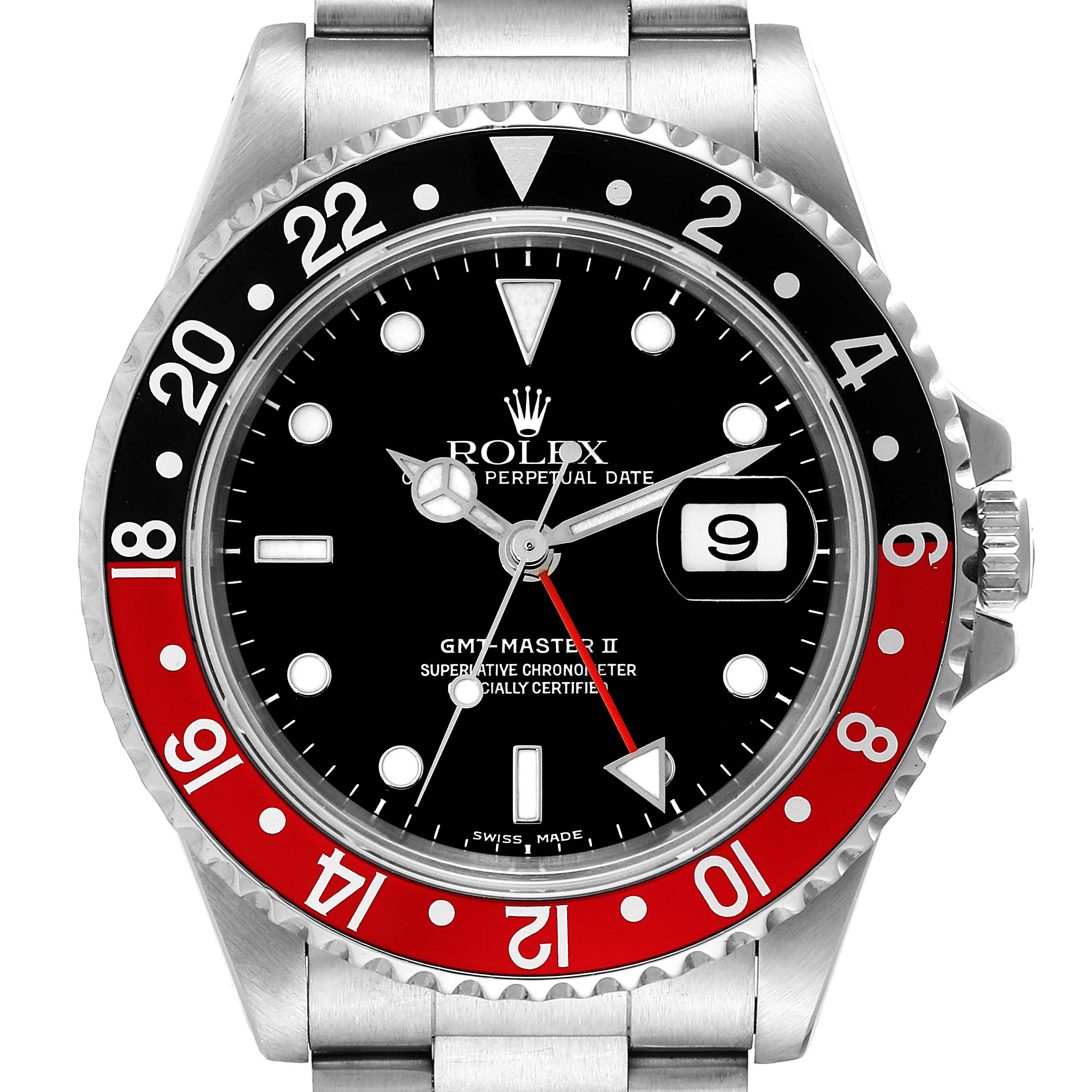 The image shows the front view of a Rolex GMT-Master 16710 Men
s Stainless Steel Black Dial 16710 Men
s Stainless Steel Black Dial II watch, displaying its dial, bezel, crown, and bracelet.