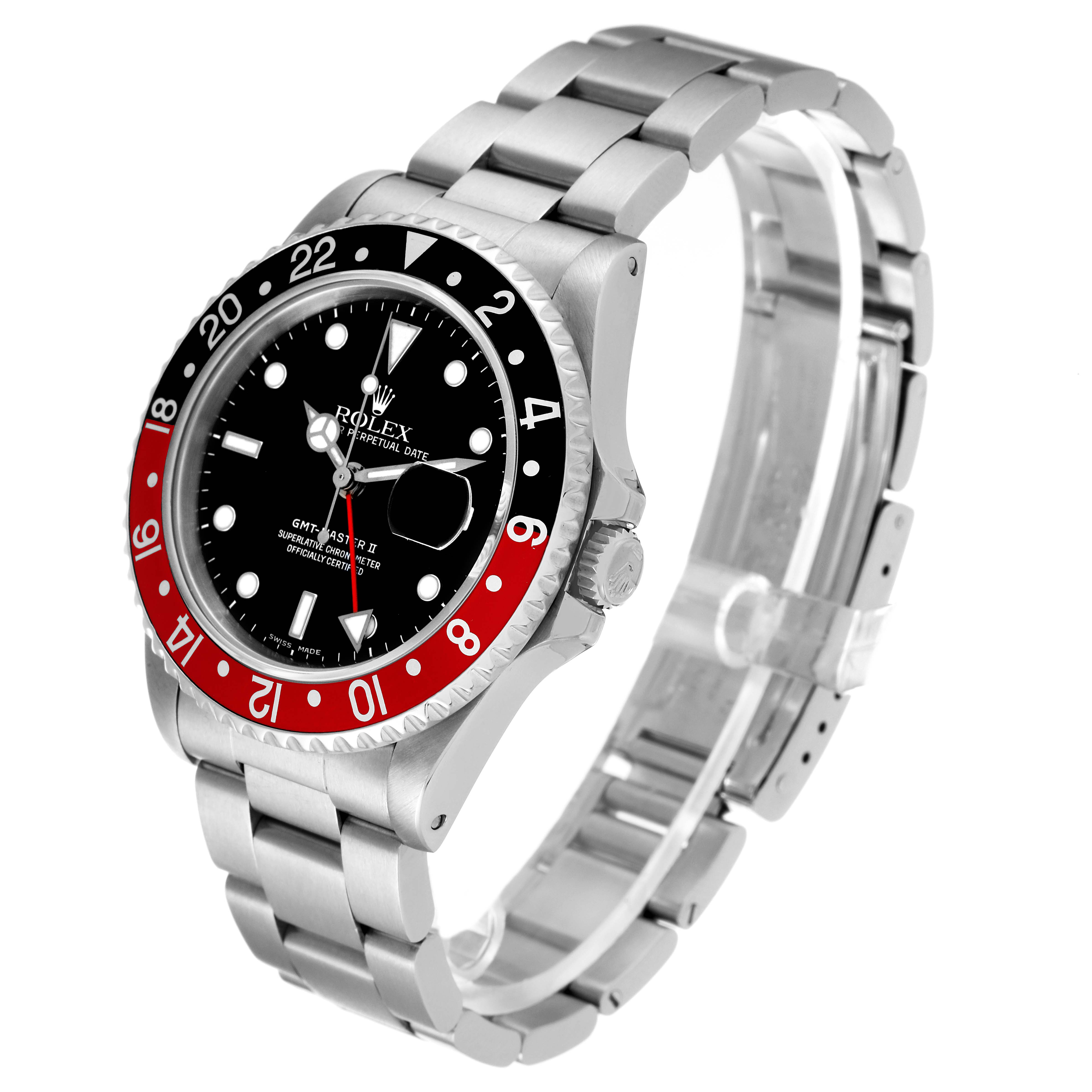 The Rolex GMT-Master 16710 Men
s Stainless Steel Black Dial 16710 Men
s Stainless Steel Black Dial watch is shown from a front angle, displaying its dial, bezel, and bracelet.