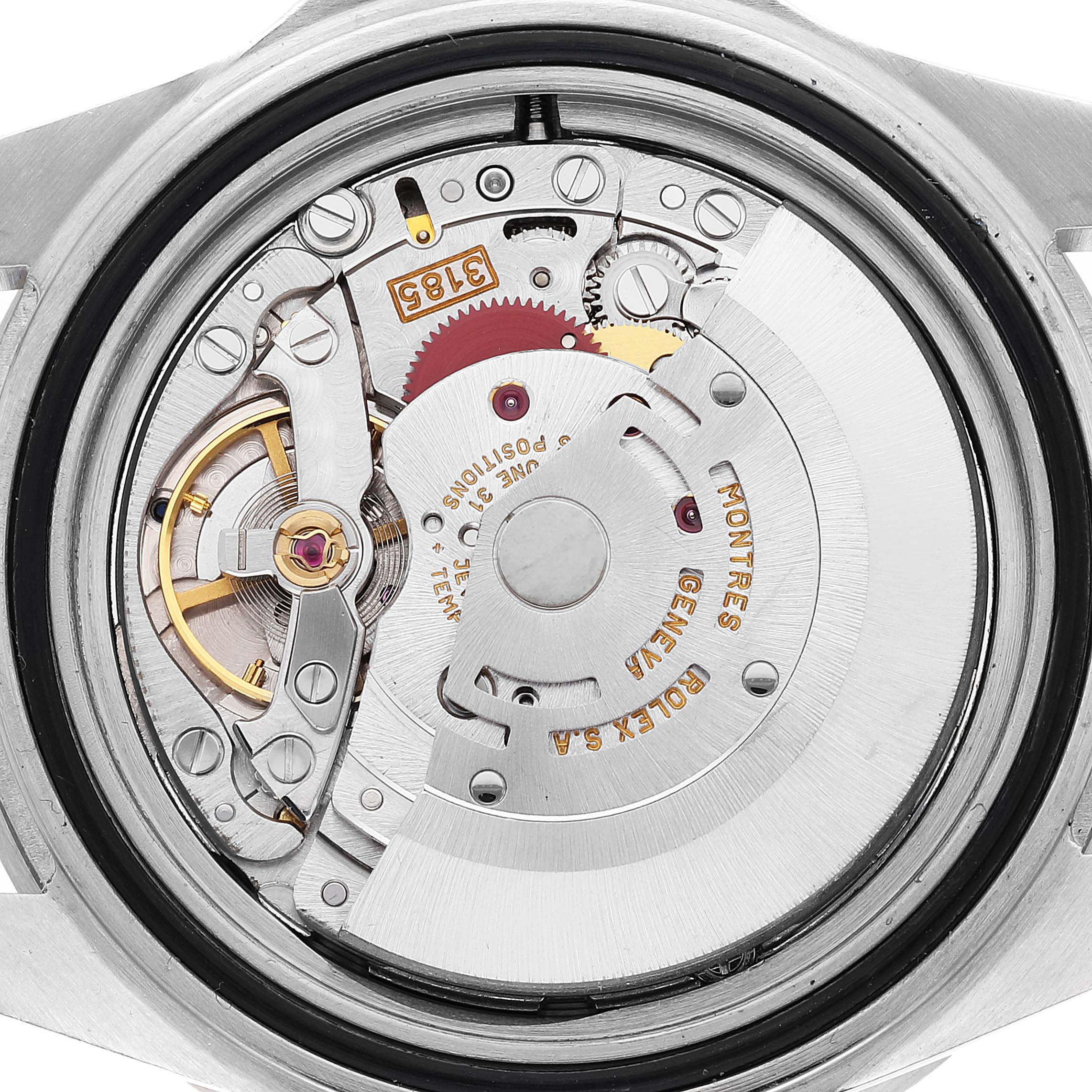 The image shows the internal movement mechanism of a Rolex GMT-Master 16710 Men
s Stainless Steel Black Dial 16710 Men
s Stainless Steel Black Dial watch viewed from the back.