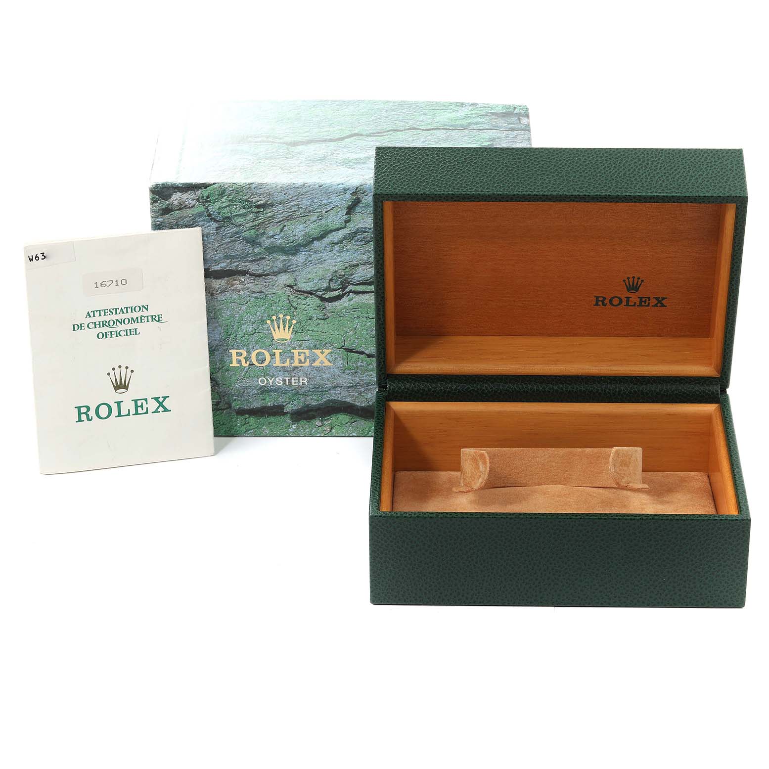 The image shows an open Rolex GMT-Master 16710 Men
s Stainless Steel Black Dial 16710 Men
s Stainless Steel Black Dial box and an official chronometer certificate.