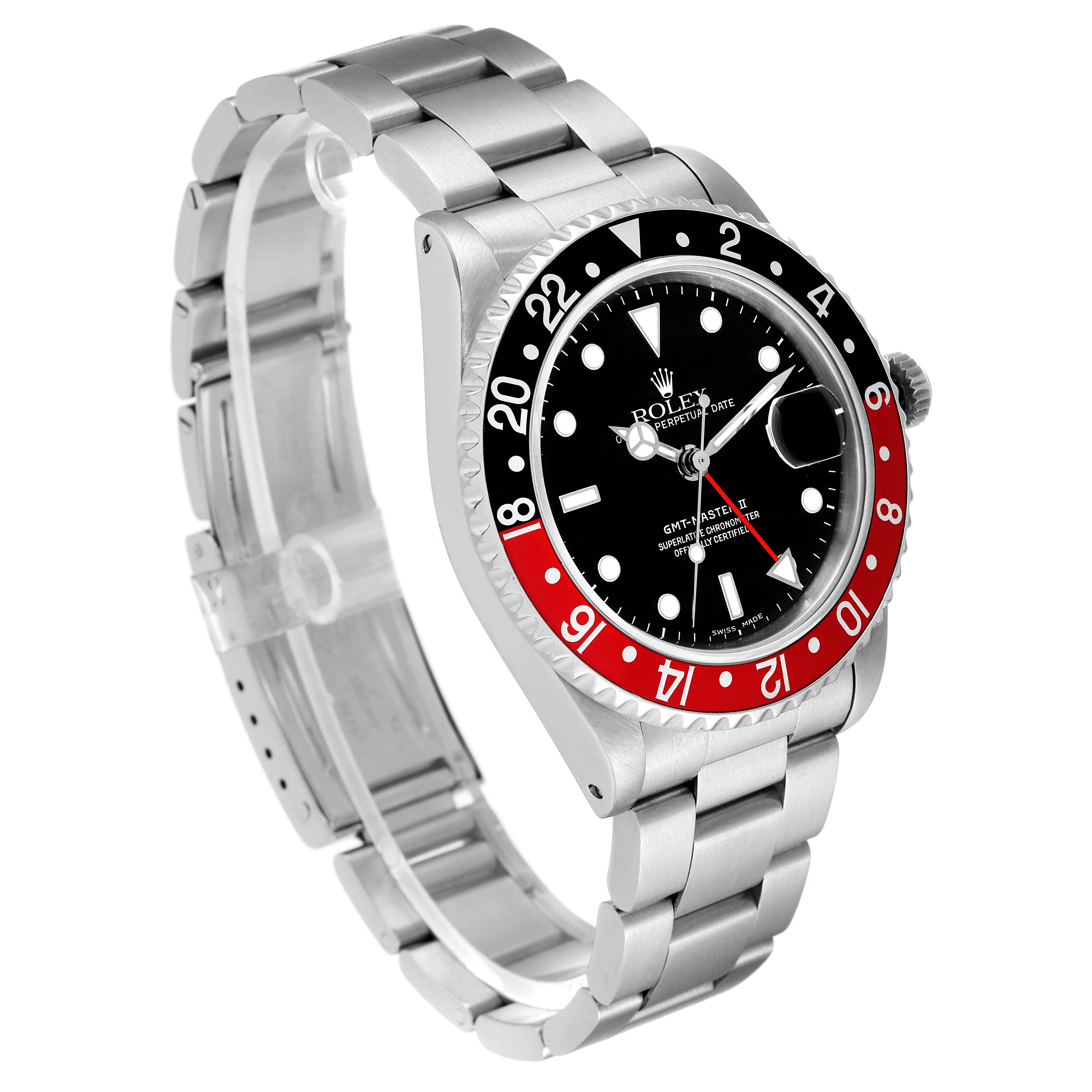 This image shows a Rolex GMT-Master 16710 Men
s Stainless Steel Black Dial 16710 Men
s Stainless Steel Black Dial watch at an angled side view highlighting the dial, bezel, bracelet, and crown.