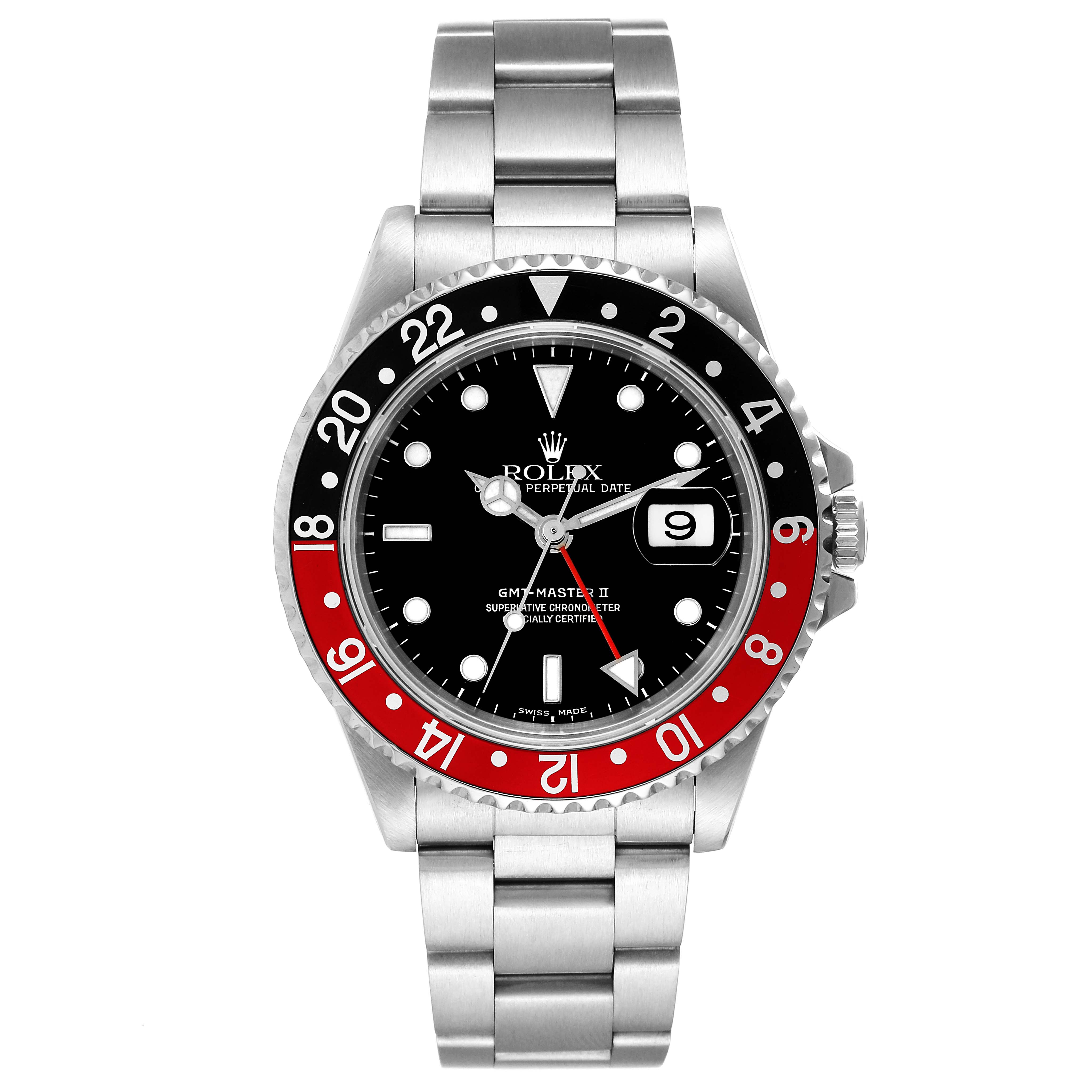 The image shows a front view of a Rolex GMT-Master 16710 Men
s Stainless Steel Black Dial 16710 Men
s Stainless Steel Black Dial II watch, displaying the bracelet, dial, bezel, and date window.