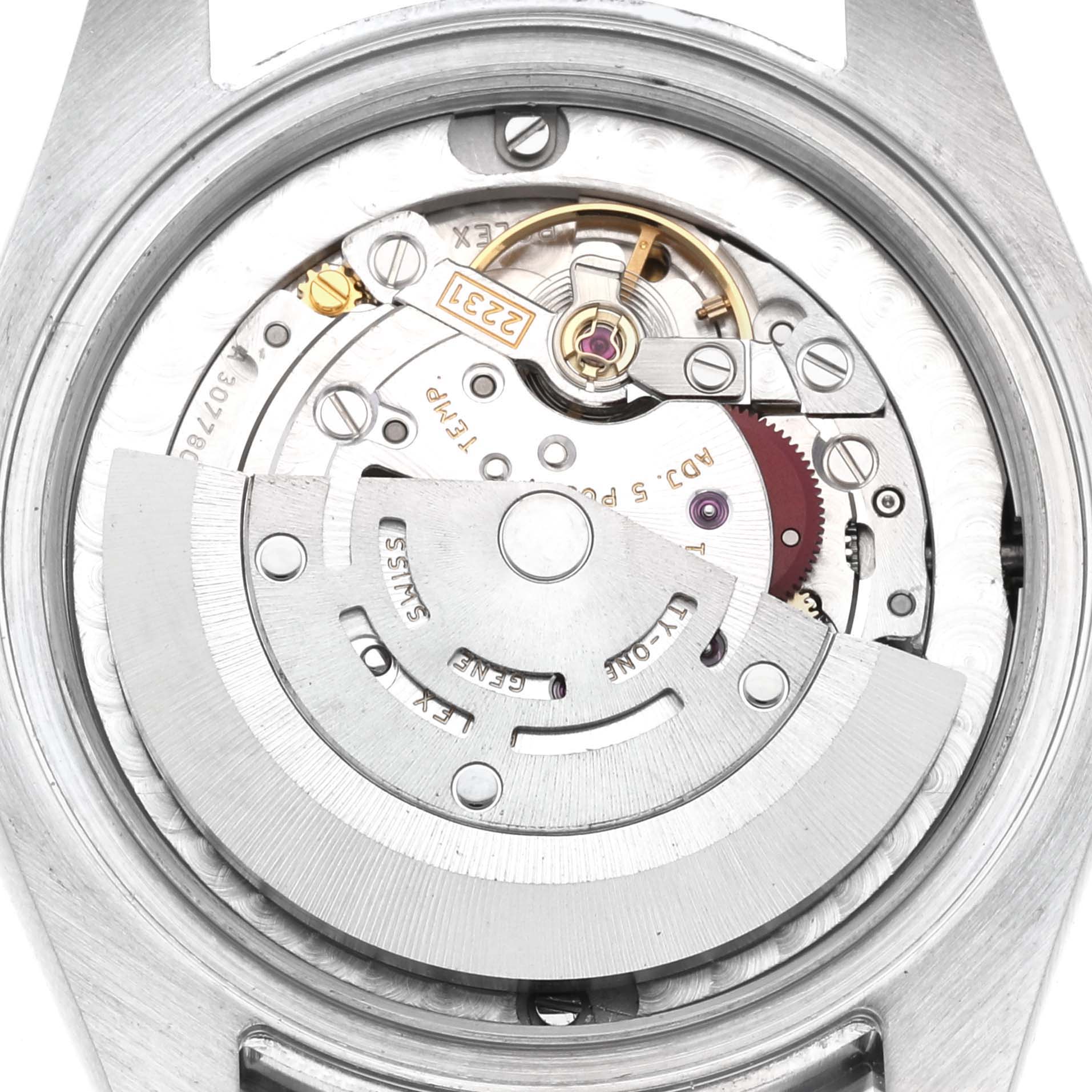 This image shows the movement and inner mechanism of a Rolex Mid-Size 177200 Women's Stainless Steel Black Dial 177200 Women's Stainless Steel Black Dial model watch, viewed from the back.