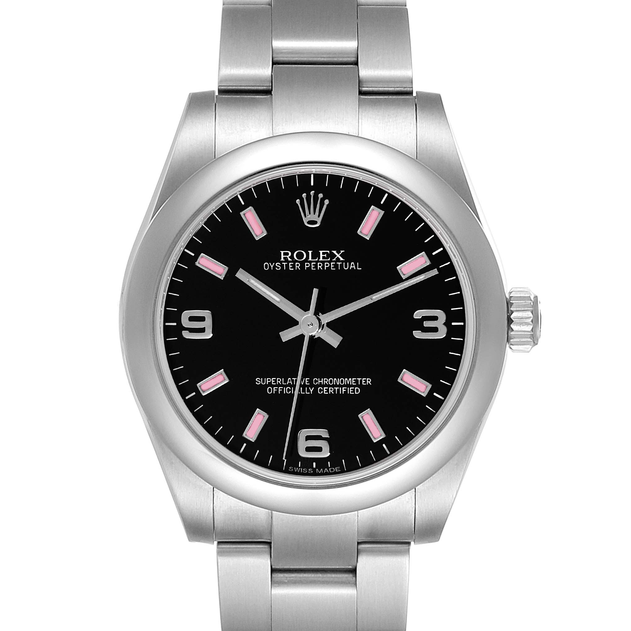 This image shows the front view of a Rolex Oyster Perpetual Mid-Size model, highlighting its black dial, markers, and stainless steel bracelet.