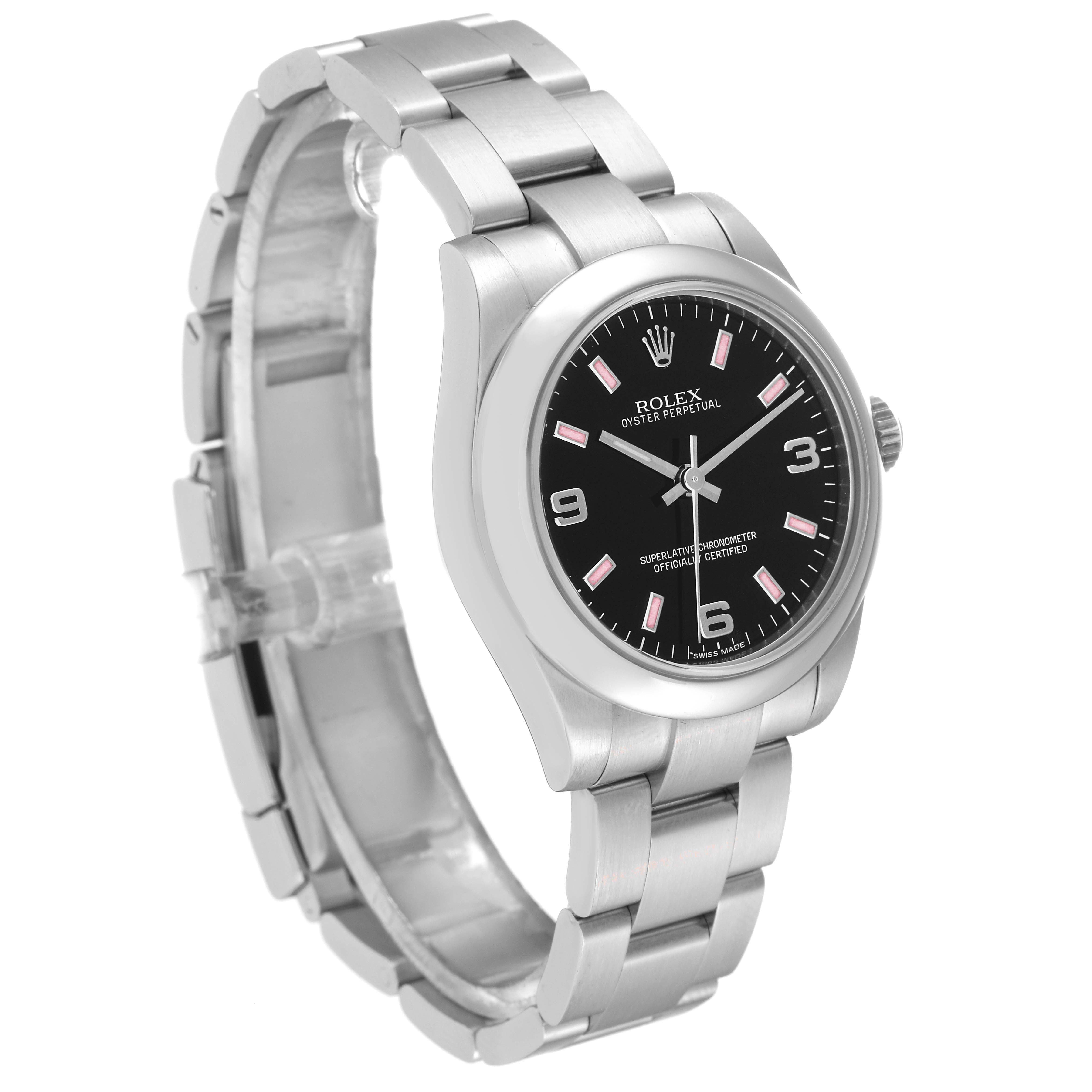 This Rolex Mid-Size 177200 Women's Stainless Steel Black Dial 177200 Women's Stainless Steel Black Dial Oyster Perpetual watch is shown at an oblique angle, displaying its stainless steel bracelet, black dial, and crown.