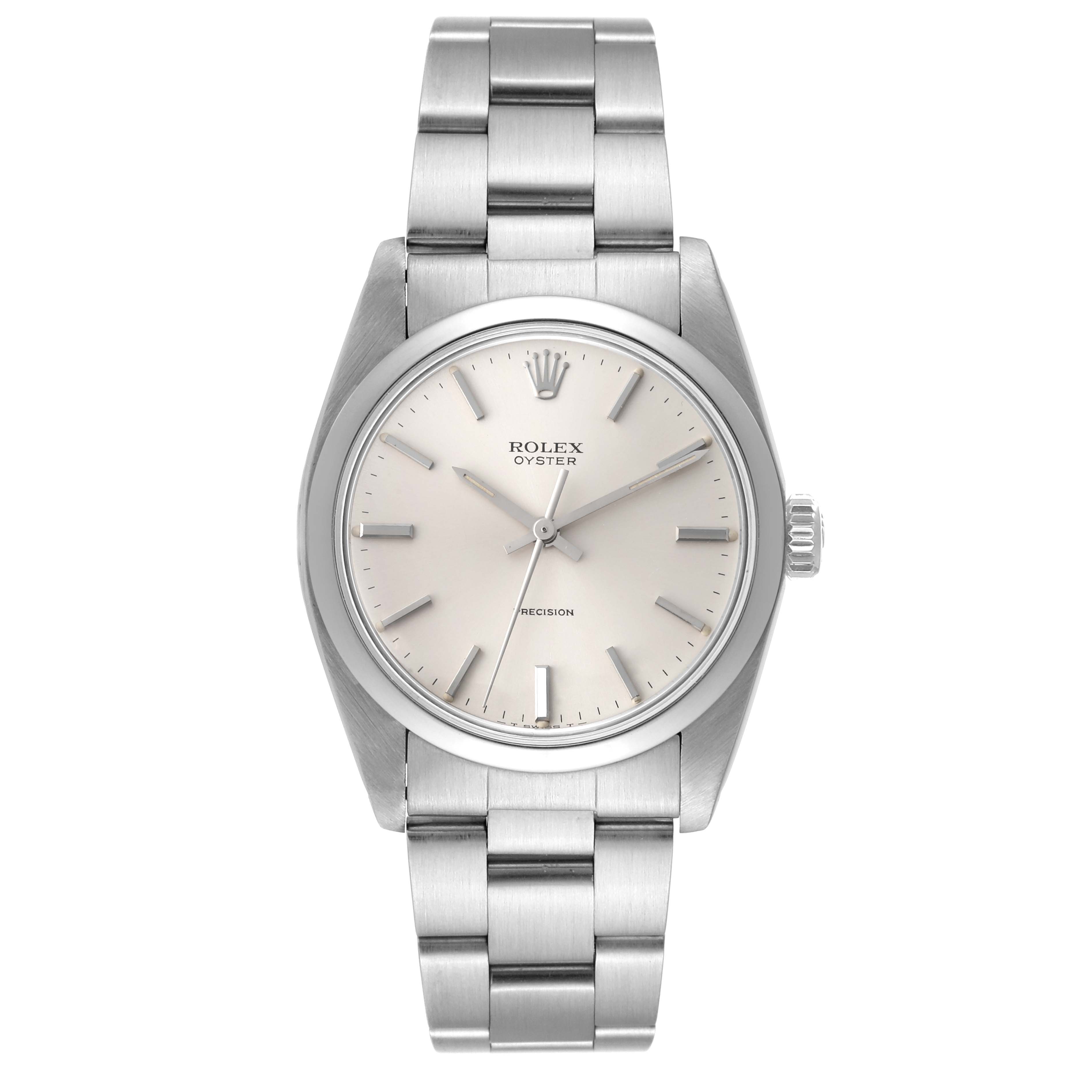 This image shows a front view of the Rolex Vintage Collection 6426 Men
s Stainless Steel Silver Dial 6426 Men
s Stainless Steel Silver Dial Oyster watch, highlighting the face, bezel, crown, and bracelet.