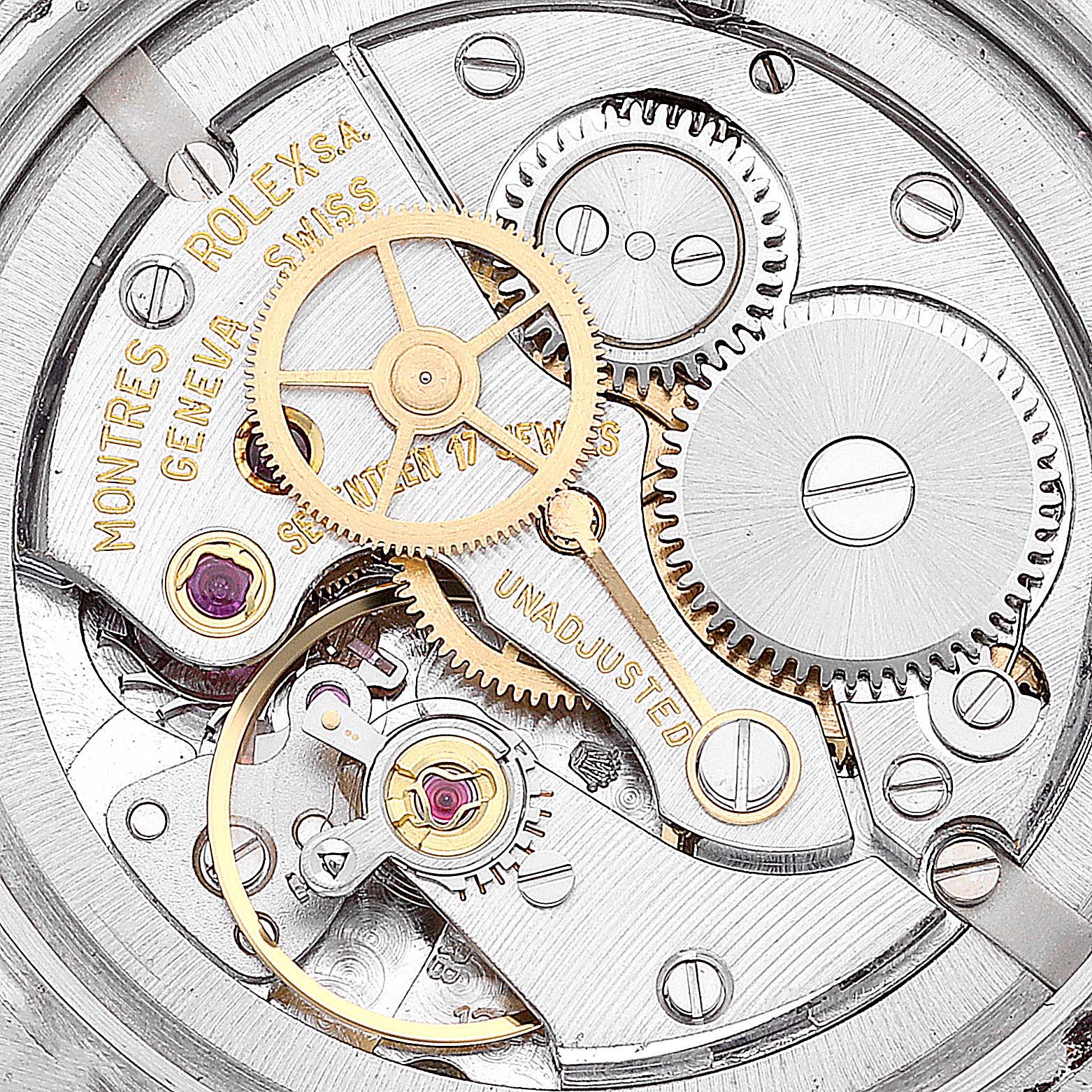 The image shows the intricate internal mechanics and gears of the Rolex Vintage Collection 6426 Men
s Stainless Steel Silver Dial 6426 Men
s Stainless Steel Silver Dial watch.