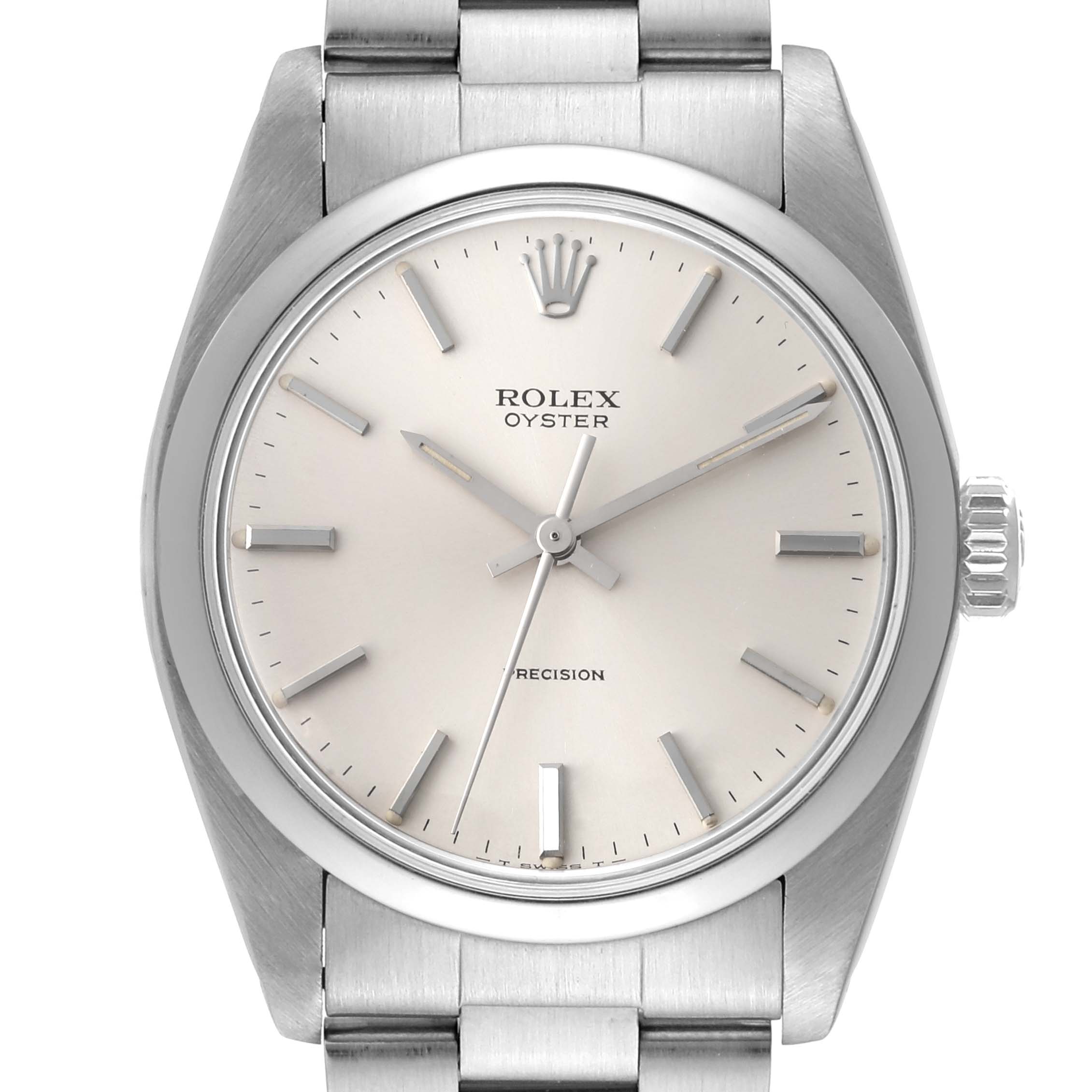 The image shows a Rolex Vintage Collection 6426 Men
s Stainless Steel Silver Dial 6426 Men
s Stainless Steel Silver Dial model watch viewed from the front, highlighting the dial, hands, case, and part of the bracelet.