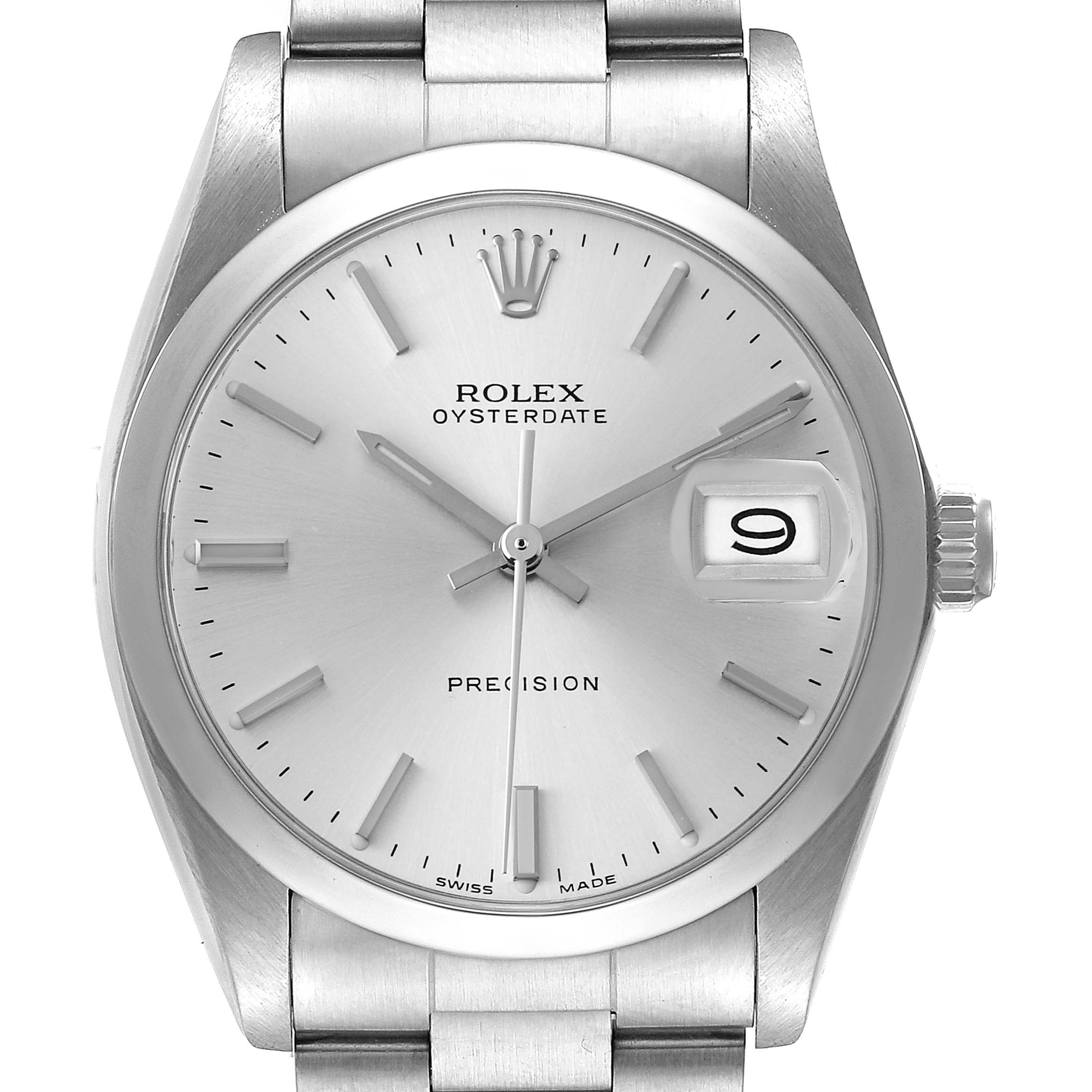 This image shows a front view of the Rolex Vintage Collection 6694 Men
s Stainless Steel Silver Dial 6694 Men
s Stainless Steel Silver Dial Oysterdate watch, displaying the dial, hands, crown, and bracelet.