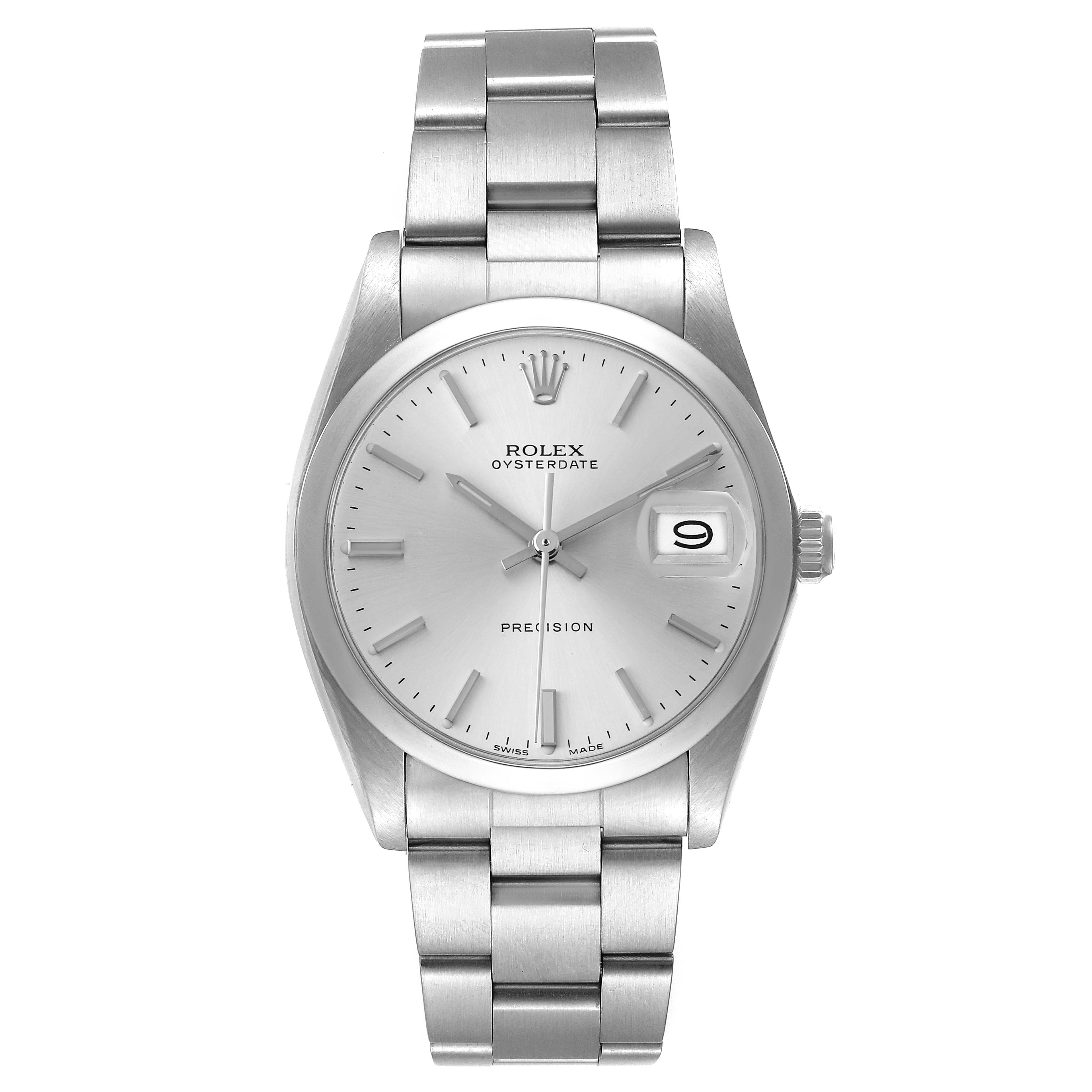 This image shows a front view of the Rolex Vintage Collection 6694 Men
s Stainless Steel Silver Dial 6694 Men
s Stainless Steel Silver Dial Oysterdate watch with a stainless steel bracelet.