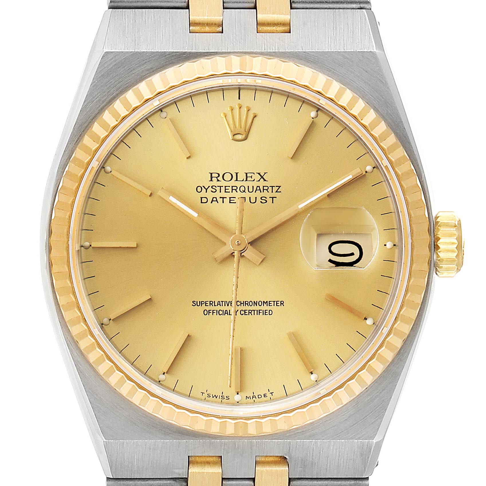 The image shows a front view of a Rolex Oysterquartz 17013 Men's Steel and Gold (two tone) Champagne Dial 17013 Men's Steel and Gold (two tone) Champagne Dial Datejust watch, highlighting the dial, hands, date window, and bezel.