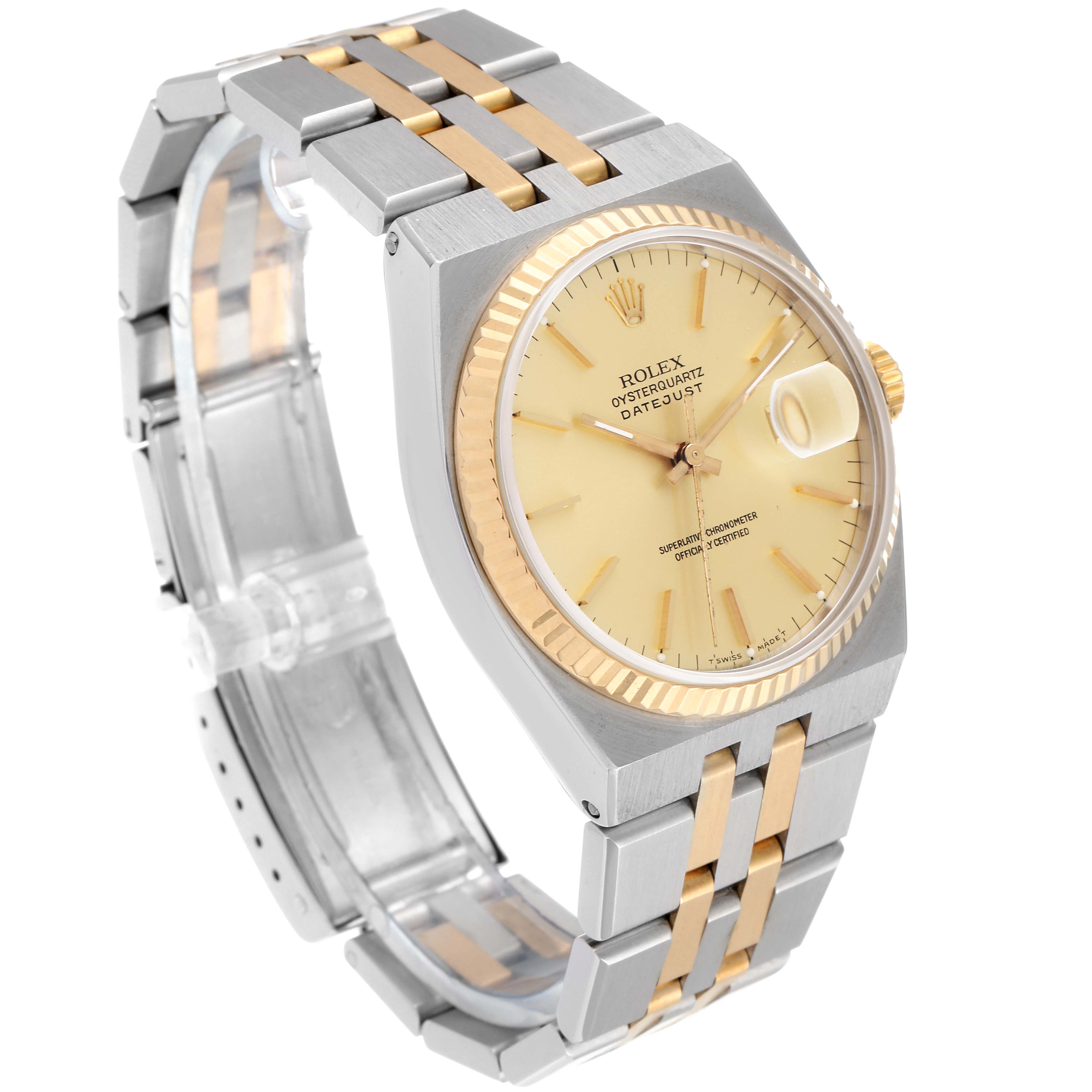 The image shows a Rolex Oysterquartz 17013 Men's Steel and Gold (two tone) Champagne Dial 17013 Men's Steel and Gold (two tone) Champagne Dial watch from a three-quarter view, showcasing the dial, bezel, and part of the bracelet.
