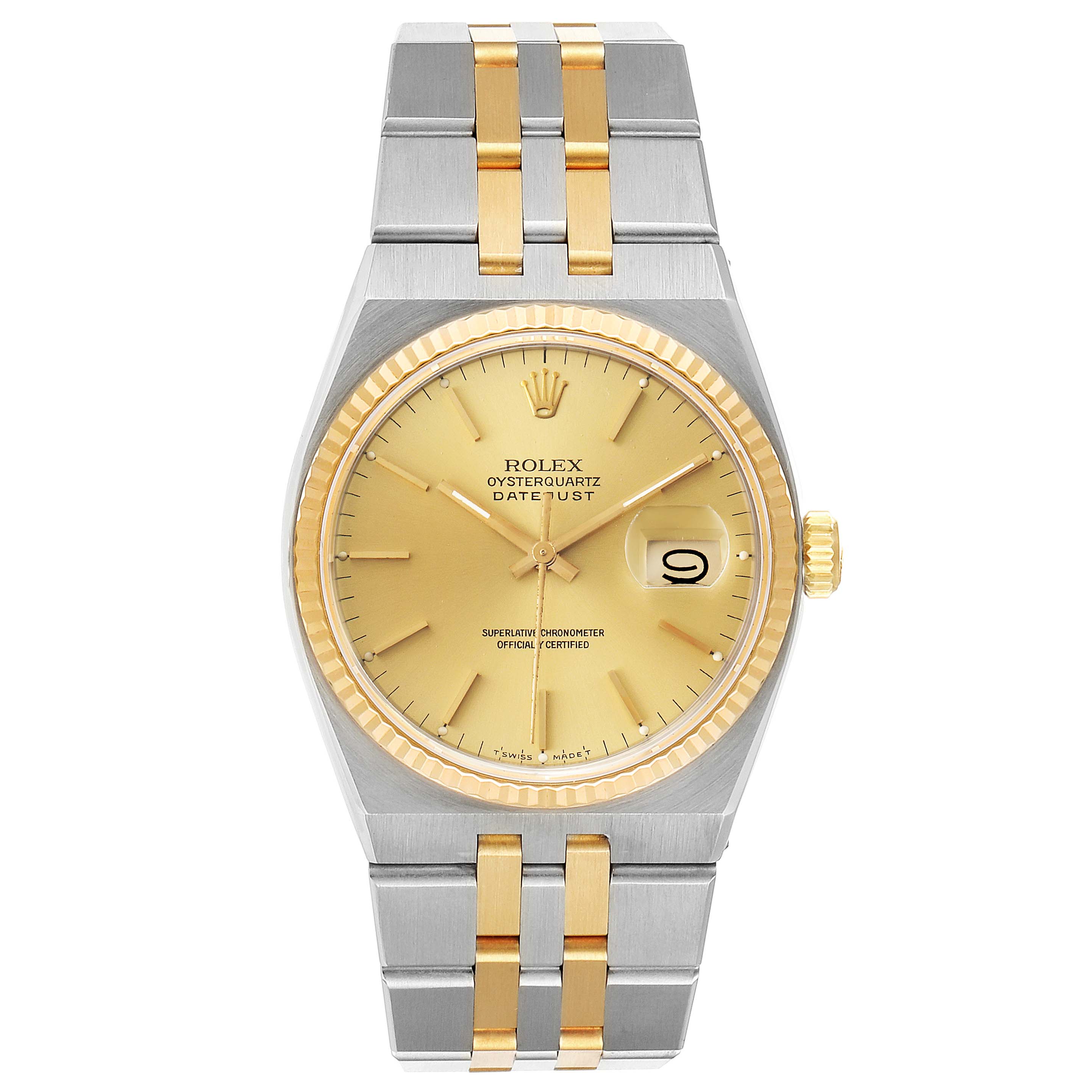 The image shows a frontal view of the Rolex Oysterquartz 17013 Men's Steel and Gold (two tone) Champagne Dial 17013 Men's Steel and Gold (two tone) Champagne Dial watch, displaying the face, bezel, crown, and bracelet.