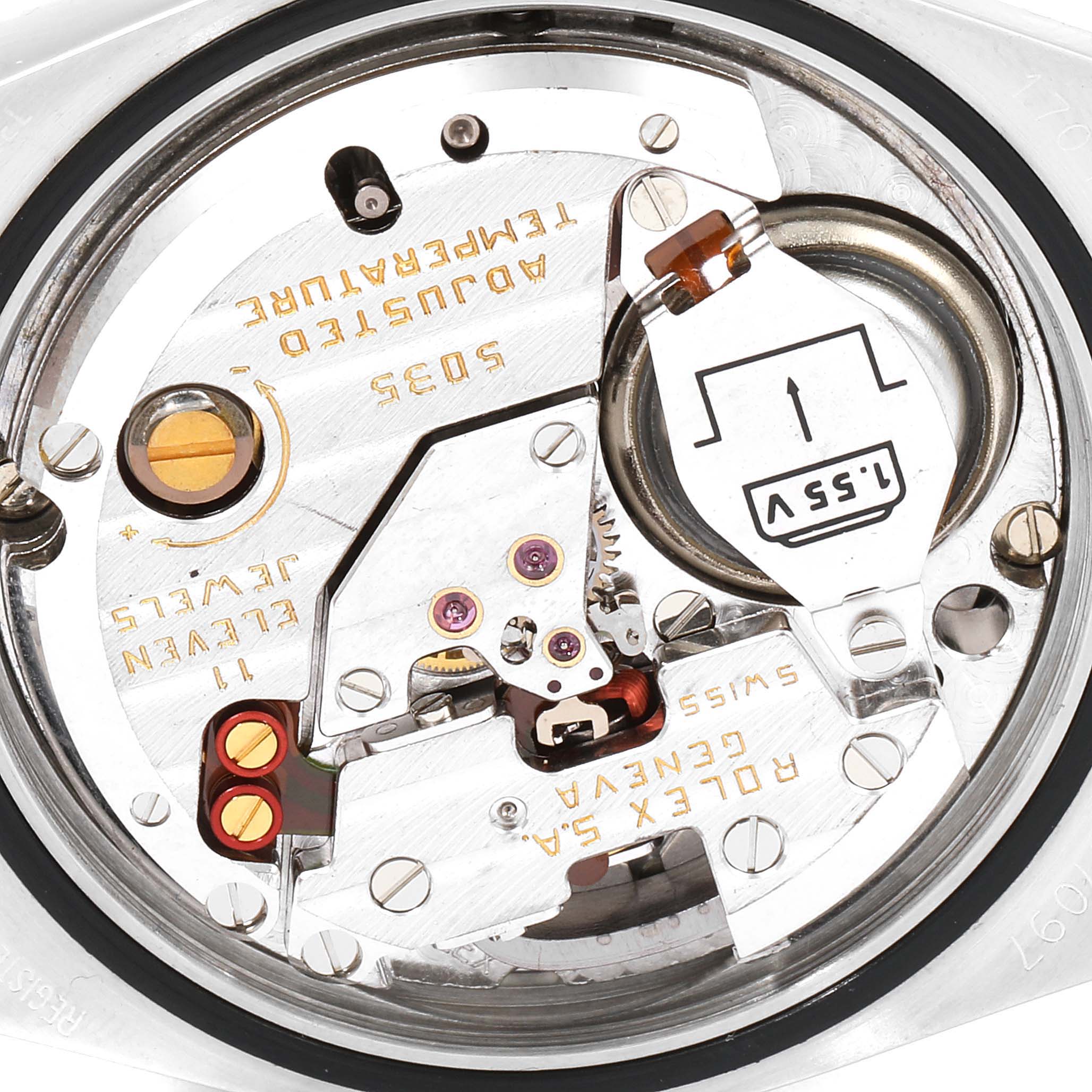 This image shows the internal mechanism of a Rolex Oysterquartz 17013 Men's Steel and Gold (two tone) Champagne Dial 17013 Men's Steel and Gold (two tone) Champagne Dial watch from a close-up top view angle.