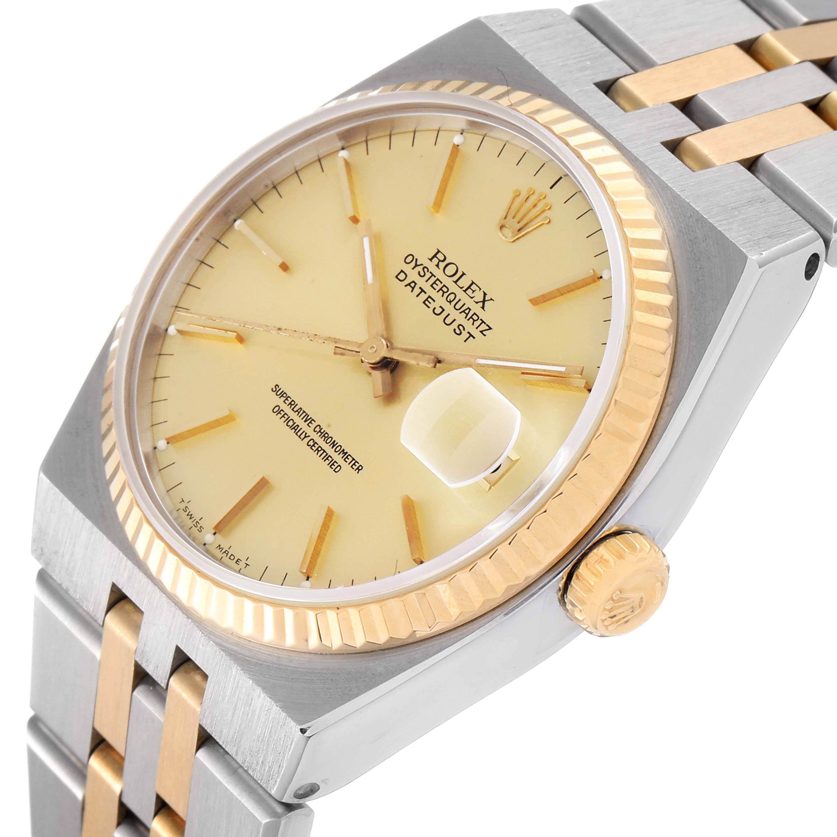 This image shows a close-up of a Rolex Oysterquartz 17013 Men's Steel and Gold (two tone) Champagne Dial 17013 Men's Steel and Gold (two tone) Champagne Dial Datejust watch featuring its face, bezel, crown, and bracelet.