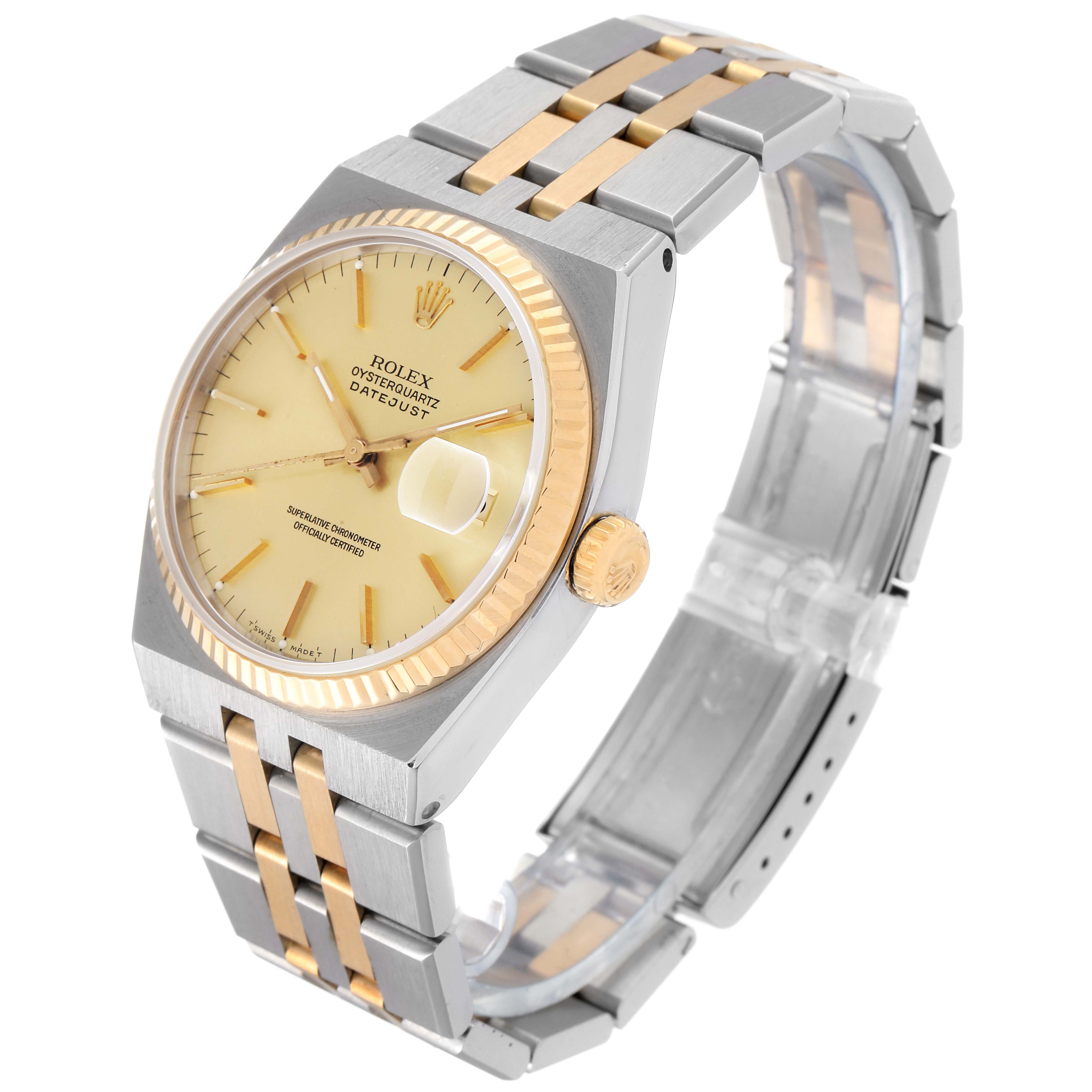 This image shows a Rolex Oysterquartz 17013 Men's Steel and Gold (two tone) Champagne Dial 17013 Men's Steel and Gold (two tone) Champagne Dial Datejust watch in a side angle, highlighting the dial, bezel, crown, and bracelet.