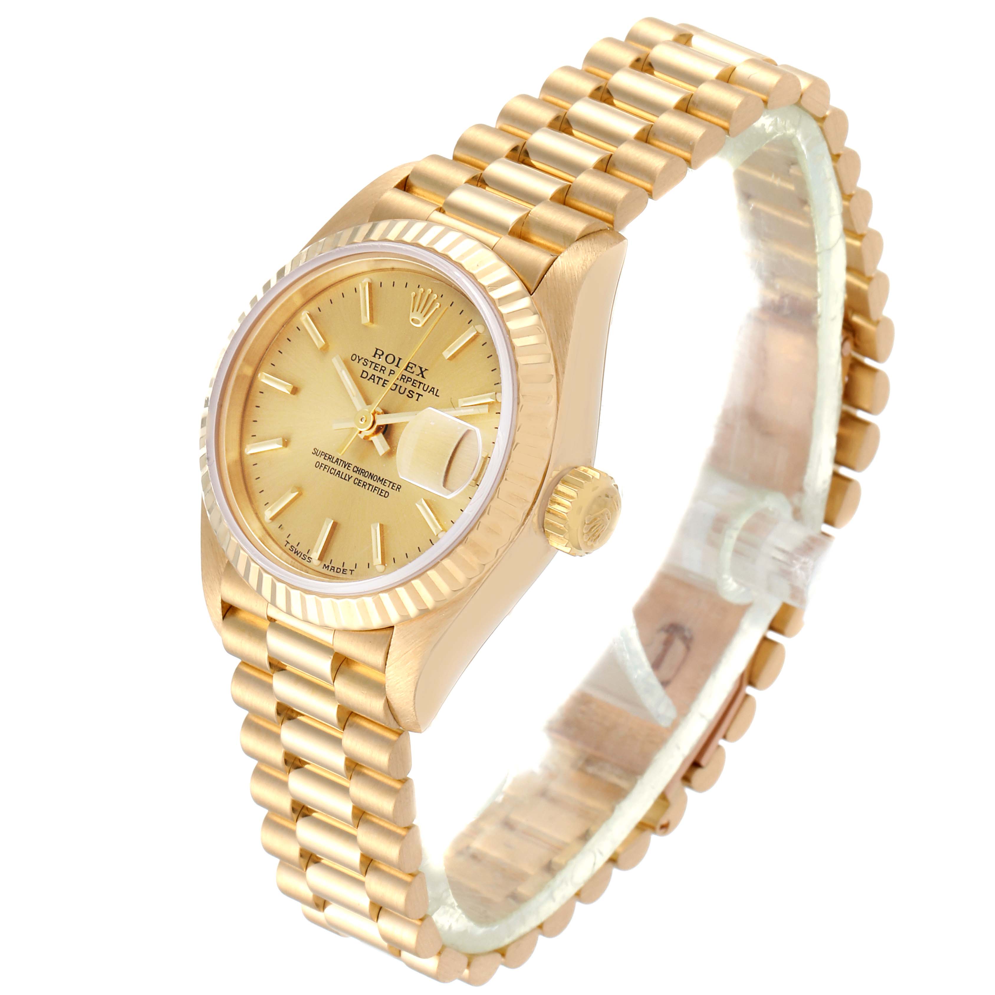 This image shows a Rolex President 69178 Women's Yellow Gold Champagne Dial 69178 Women's Yellow Gold Champagne Dial model watch angled to display the dial, crown, and bracelet.