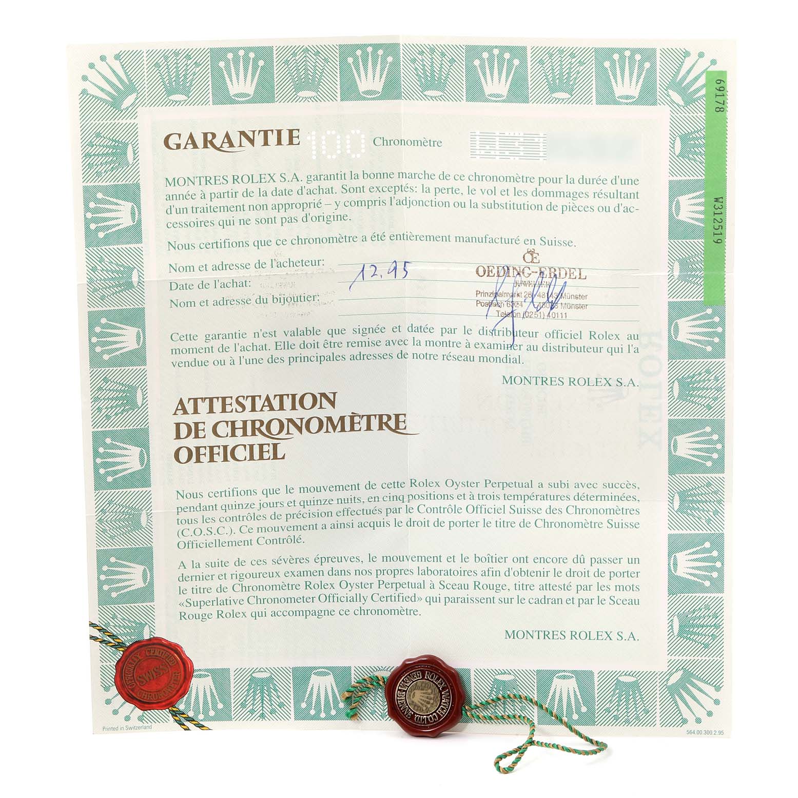 The image shows a warranty certificate for a Rolex President 69178 Women's Yellow Gold Champagne Dial 69178 Women's Yellow Gold Champagne Dial model watch.