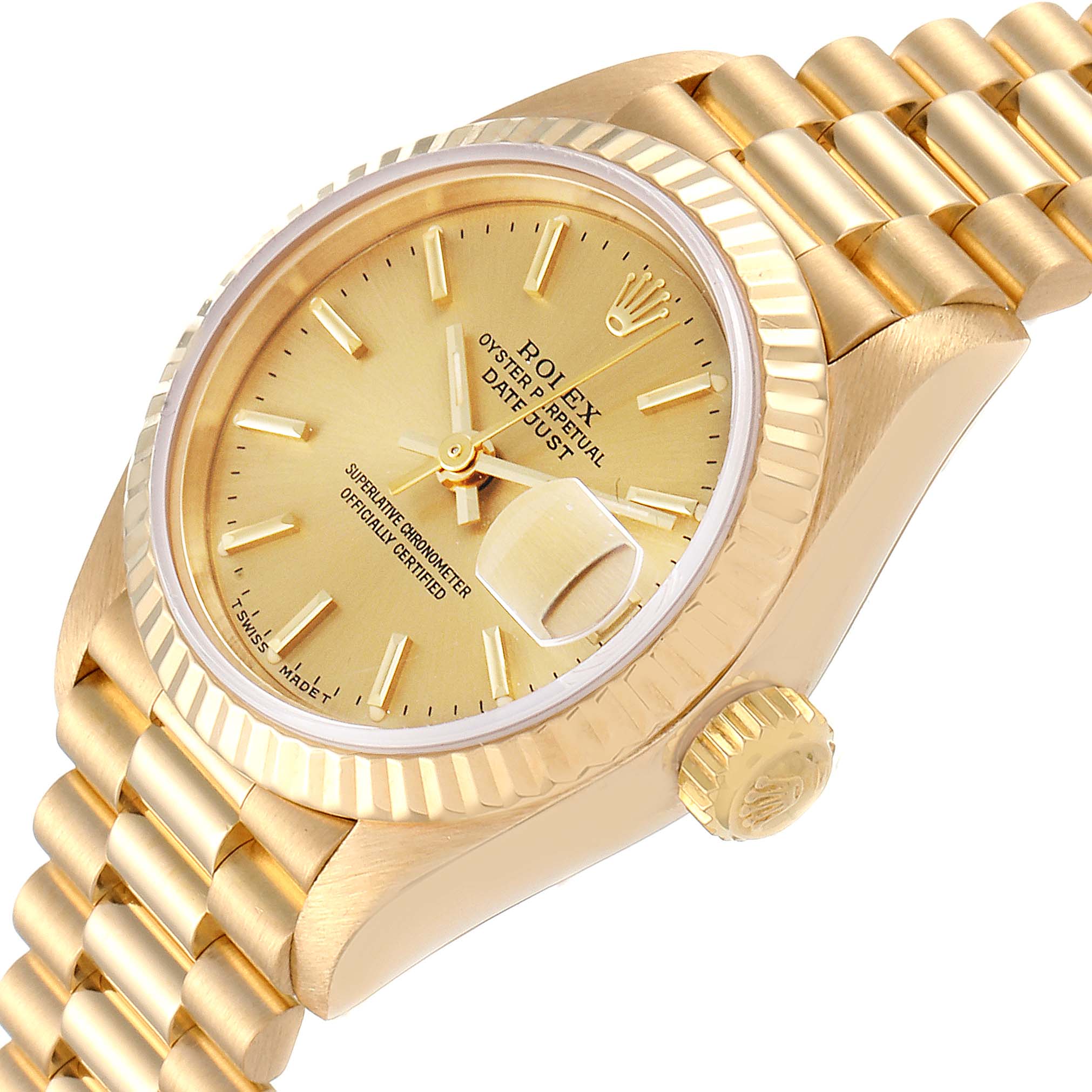 The image shows a Rolex President 69178 Women's Yellow Gold Champagne Dial 69178 Women's Yellow Gold Champagne Dial model watch at a three-quarter angle, highlighting the gold bracelet, dial, and crown.