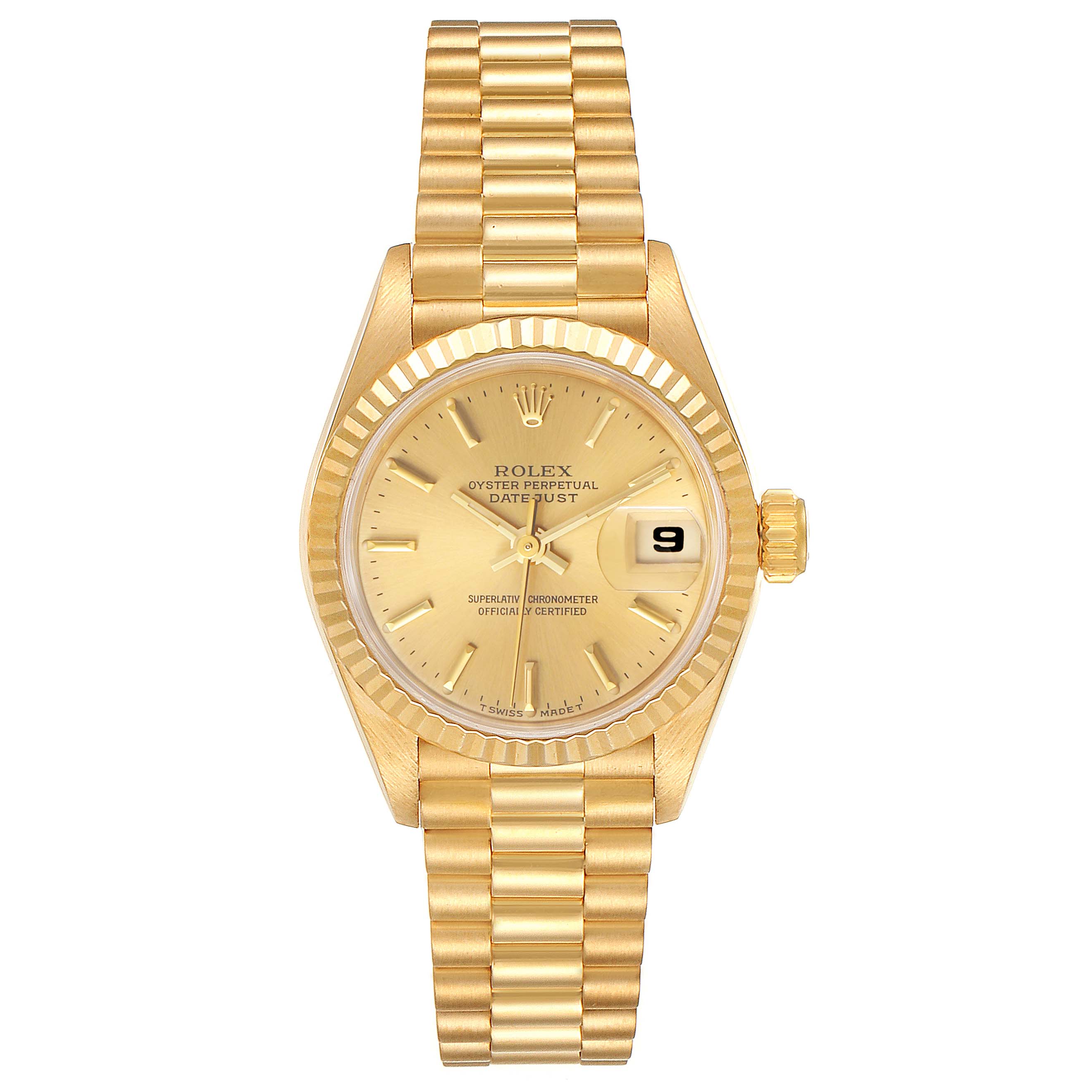 The image shows a front view of the Rolex President 69178 Women's Yellow Gold Champagne Dial 69178 Women's Yellow Gold Champagne Dial model, featuring its gold bracelet, fluted bezel, and date display.
