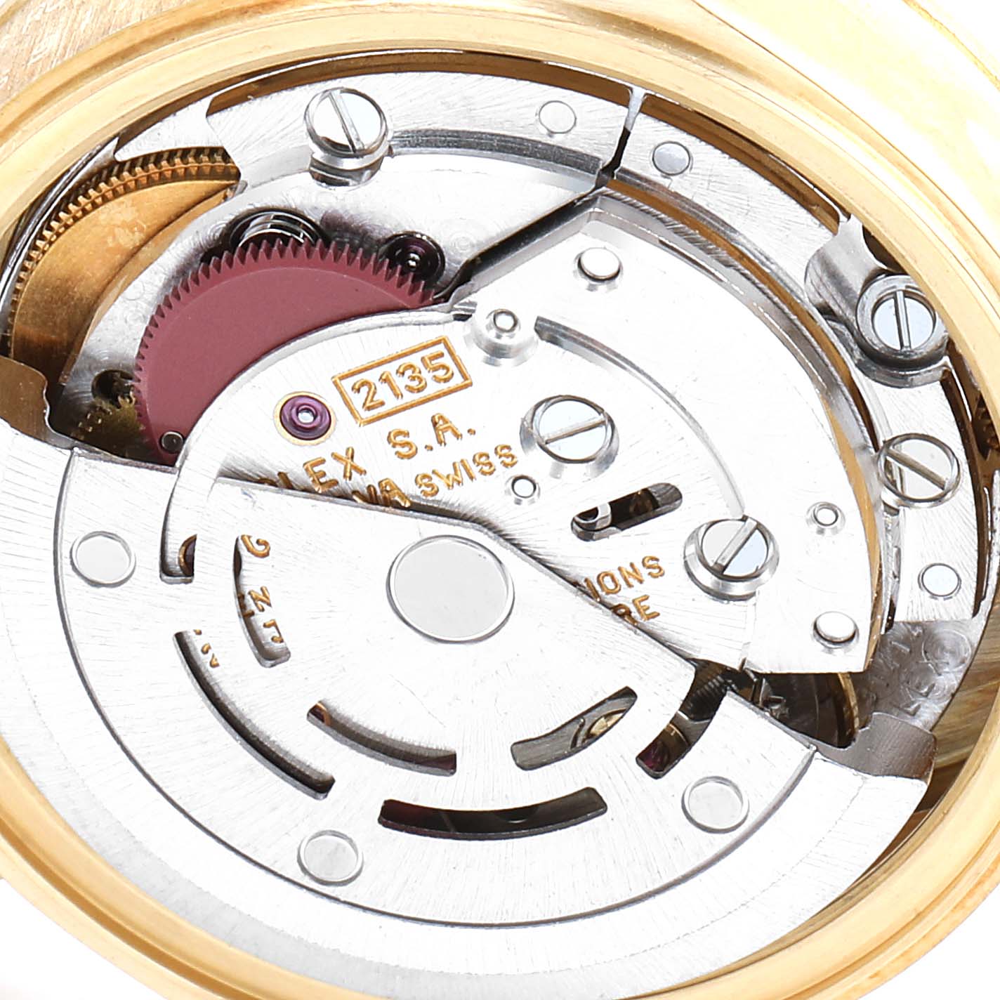 This image shows the intricate movement and inner mechanical parts of a Rolex President 69178 Women's Yellow Gold Champagne Dial 69178 Women's Yellow Gold Champagne Dial model watch.