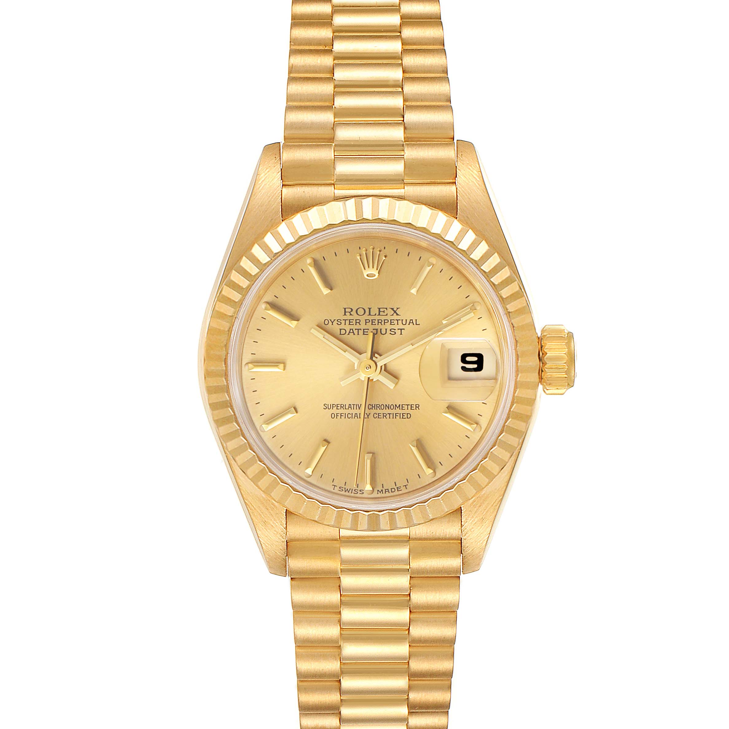 The image shows a front view of a Rolex President 69178 Women's Yellow Gold Champagne Dial 69178 Women's Yellow Gold Champagne Dial model watch, highlighting its gold dial, day-date display, crown, and bracelet.