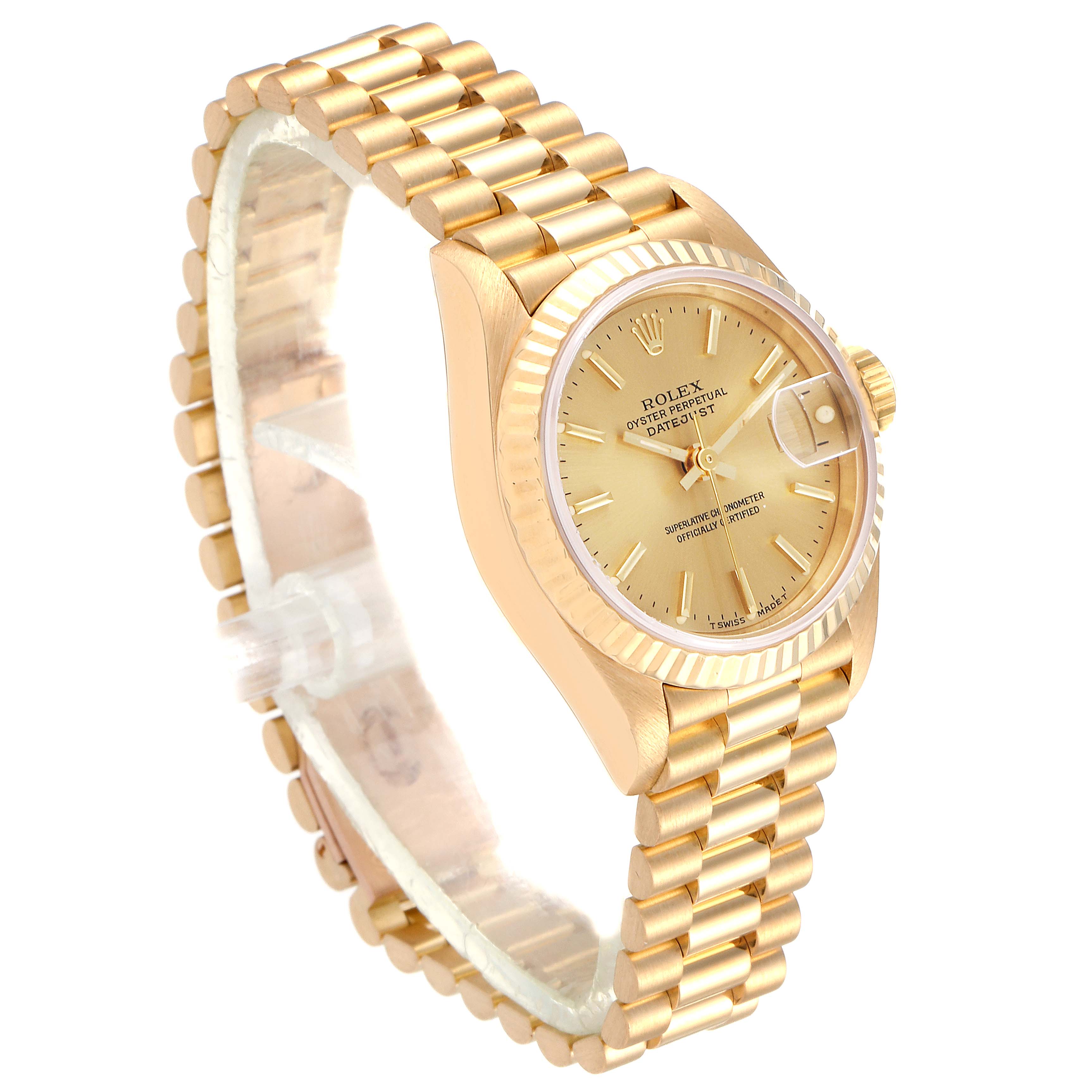 The image shows a side angle view of a Rolex President 69178 Women's Yellow Gold Champagne Dial 69178 Women's Yellow Gold Champagne Dial model watch, highlighting its gold bracelet and dial.