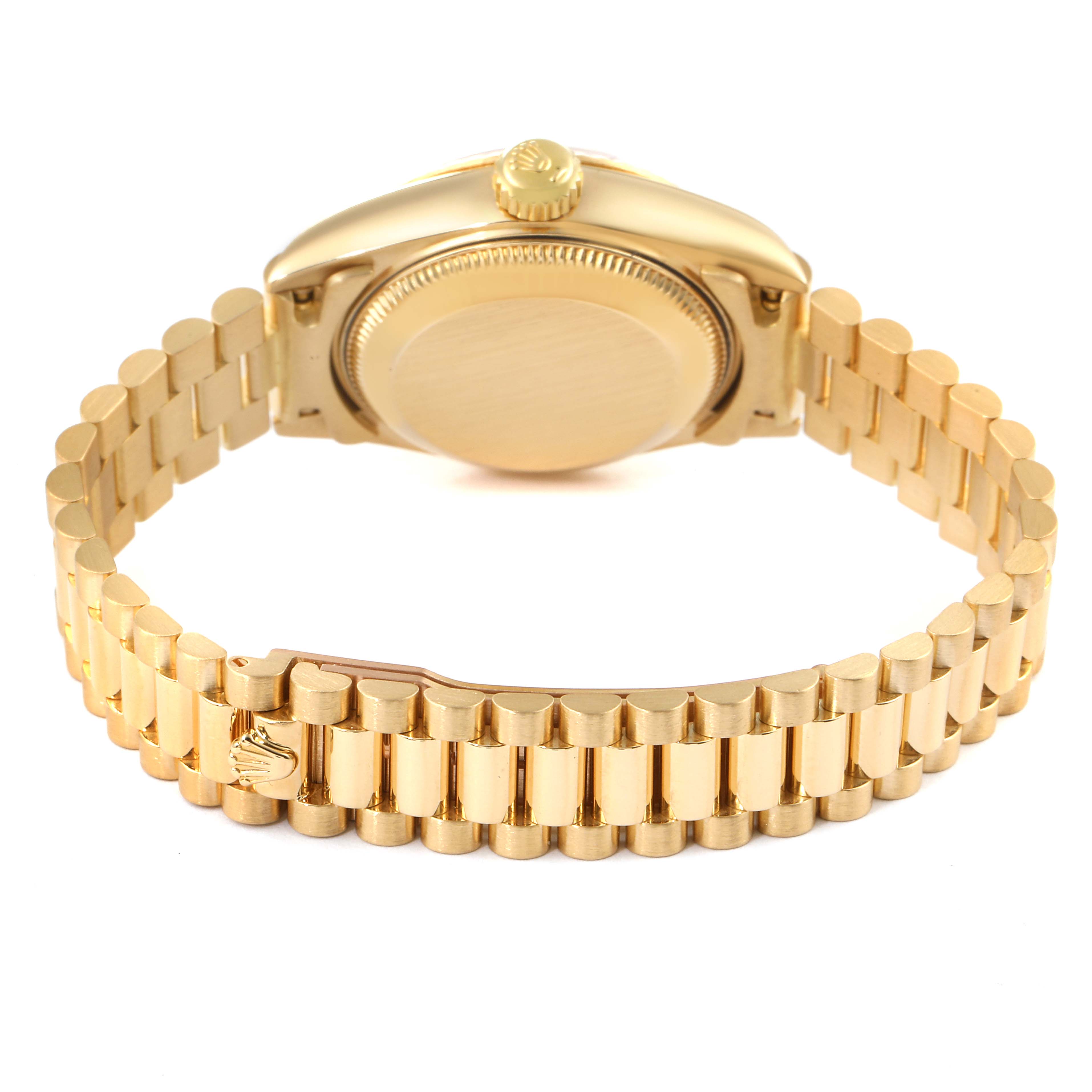 The image shows the back of a Rolex President 69178 Women's Yellow Gold Champagne Dial 69178 Women's Yellow Gold Champagne Dial watch, highlighting the case back, crown, and the bracelet with its clasp.