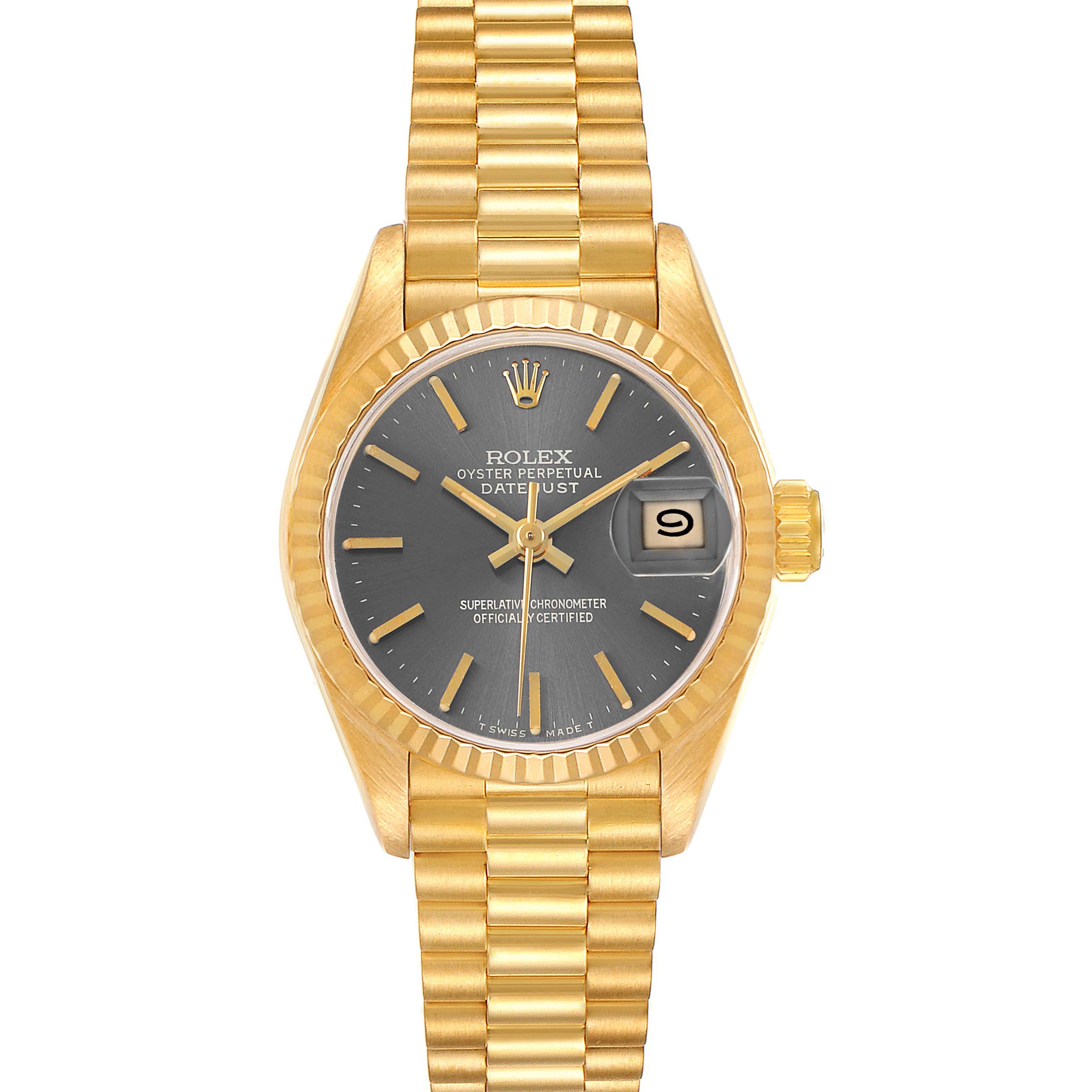 The Rolex President 69178 Women's Yellow Gold Grey Dial model watch is shown from a front angle, displaying the full face, bezel, bracelet, and small date window.