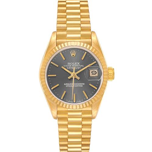 The Rolex President 69178 Women's Yellow Gold Grey Dial model watch is shown from the front, featuring its dial, bezel, and bracelet.
