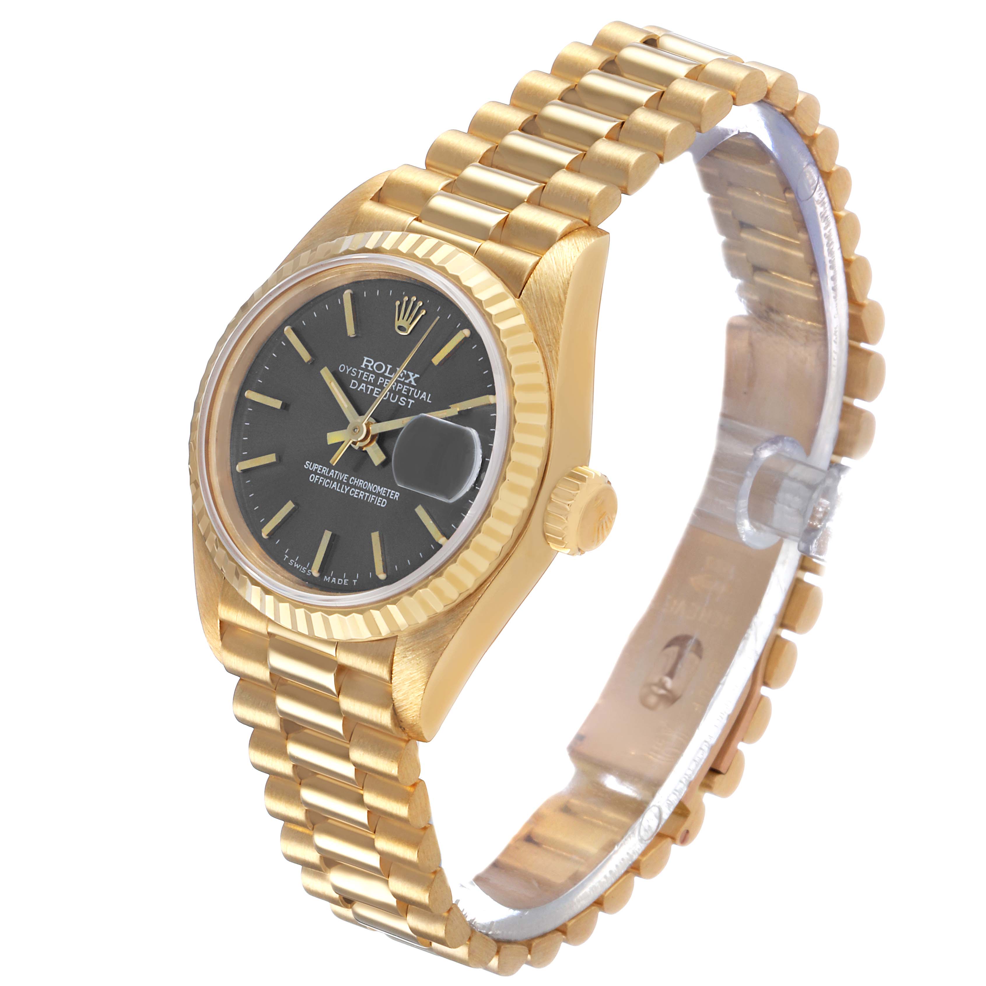 The Rolex President 69178 Women's Yellow Gold Grey Dial model watch is shown at a three-quarter angle, displaying the face, bezel, crown, and bracelet.