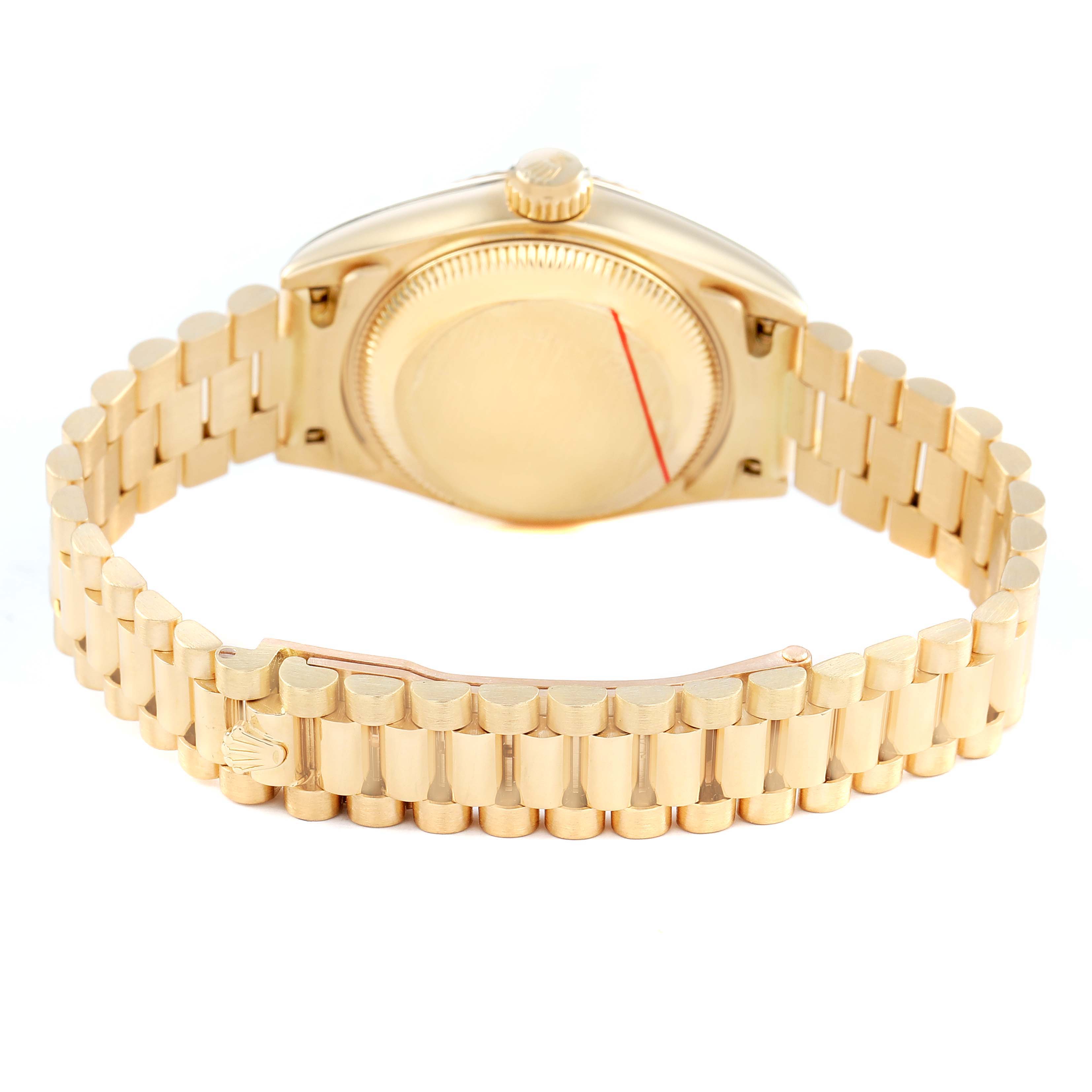 The image shows the back view of a Rolex President 69178 Women's Yellow Gold Grey Dial watch, highlighting the clasp and bracelet links.