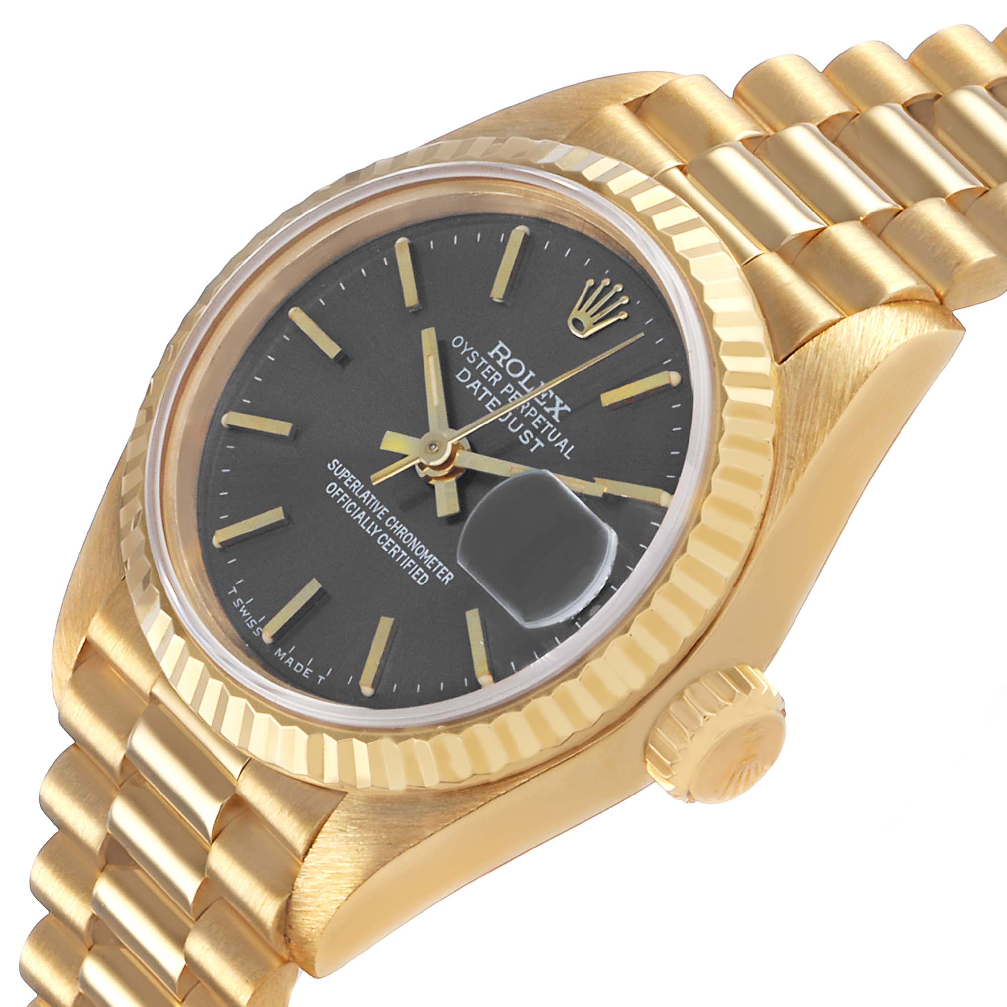 The Rolex President 69178 Women's Yellow Gold Grey Dial model is shown from an angled side view, displaying the dial, fluted bezel, crown, and part of the bracelet.