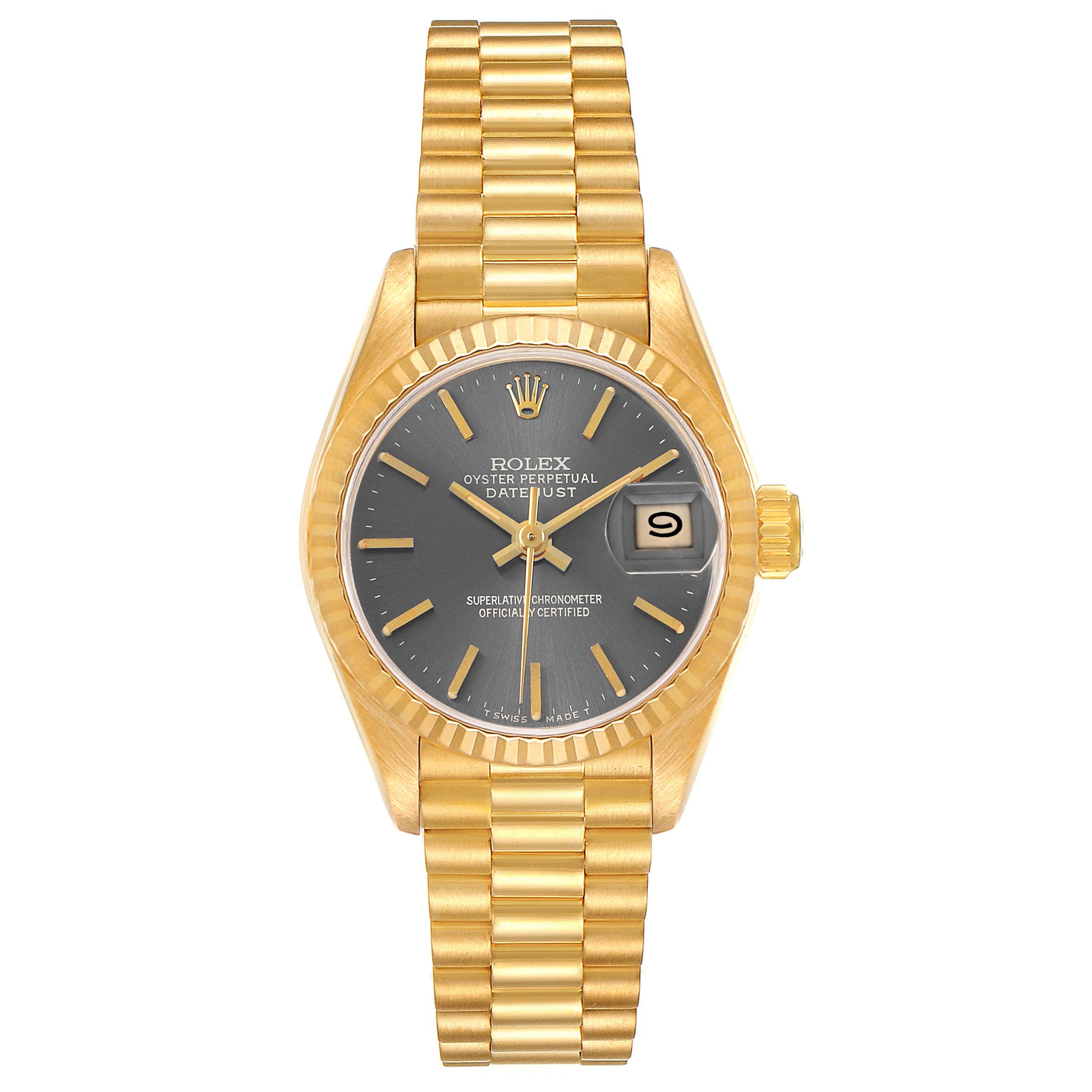 The Rolex President 69178 Women's Yellow Gold Grey Dial model is shown from a top-down angle, displaying the entire watch face and bracelet.